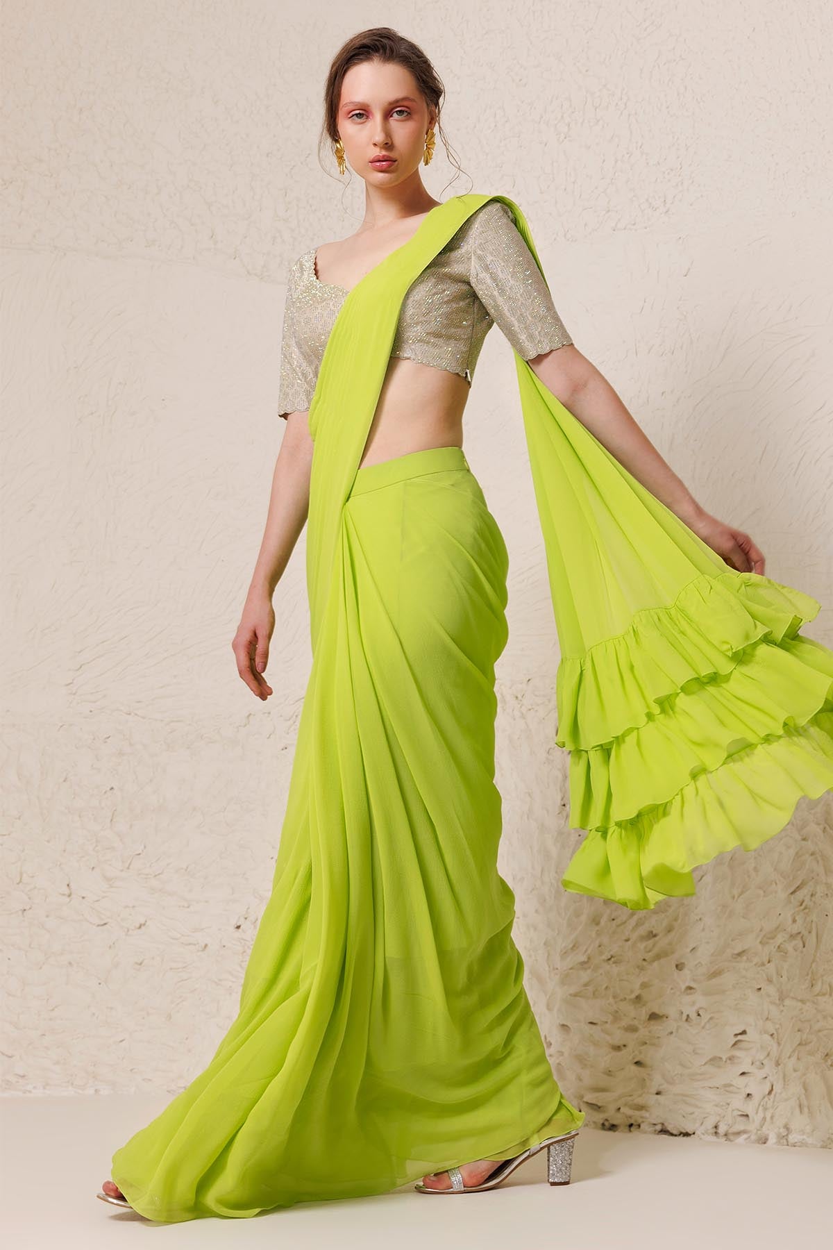 Lime Green Pre-Draped Saree