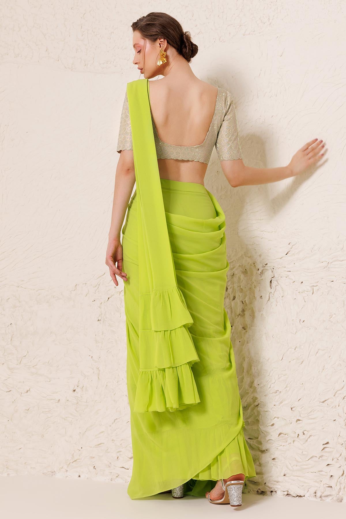 Lime Green Pre-Draped Saree