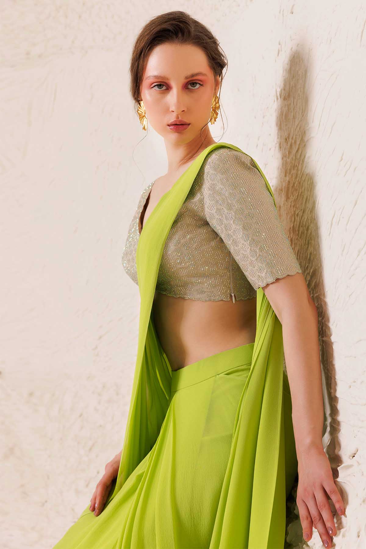 Lime Green Pre-Draped Saree