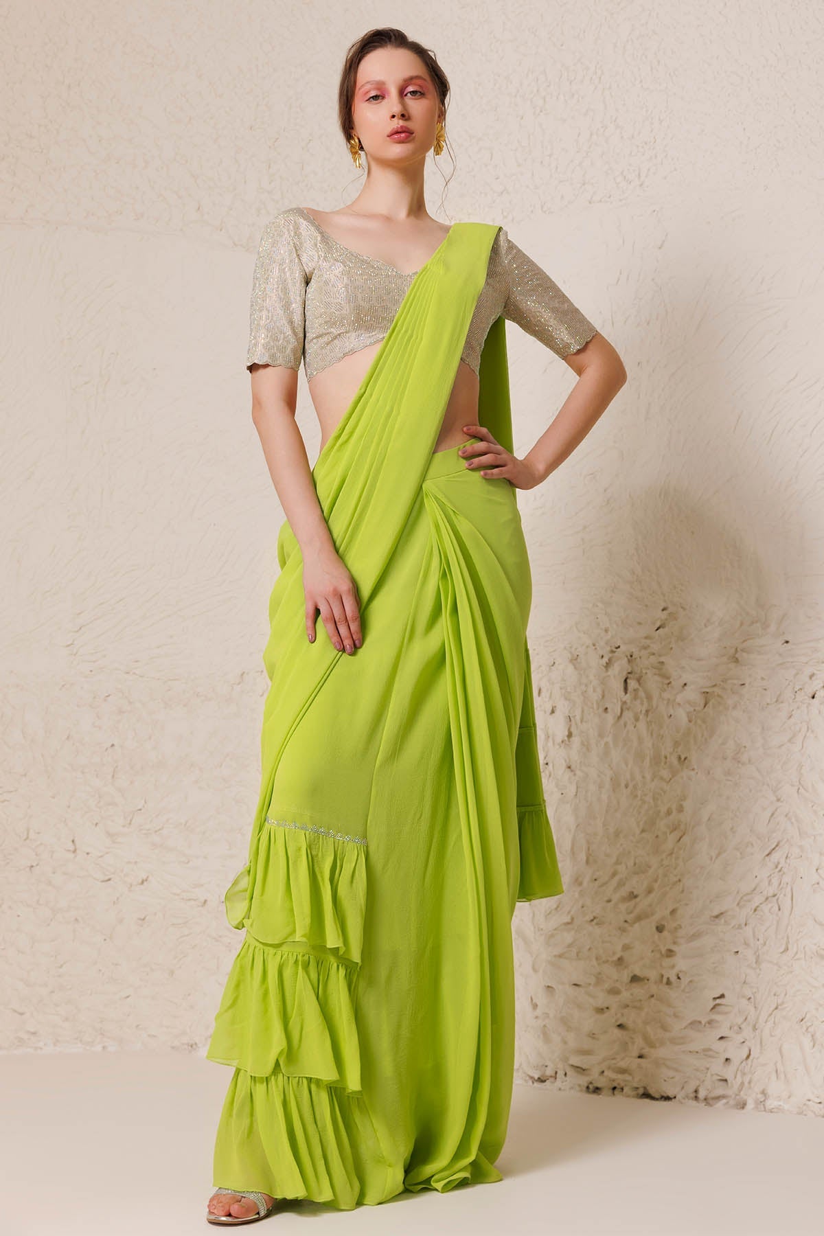 Chhaya Mehrotra Lime Green Pre-Draped Saree for women online at ScrollnShops