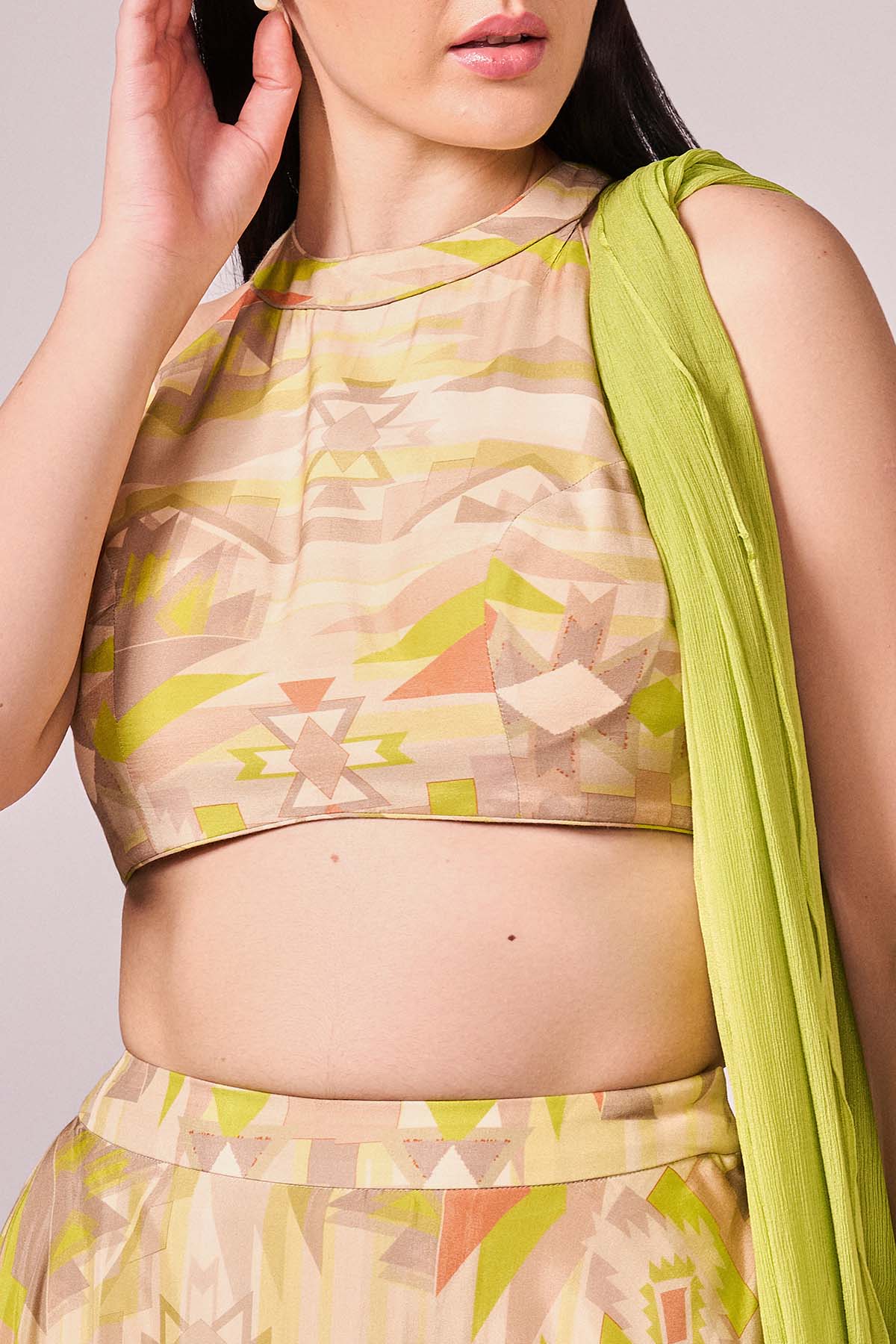 Lime Green Printed Lehenga Set