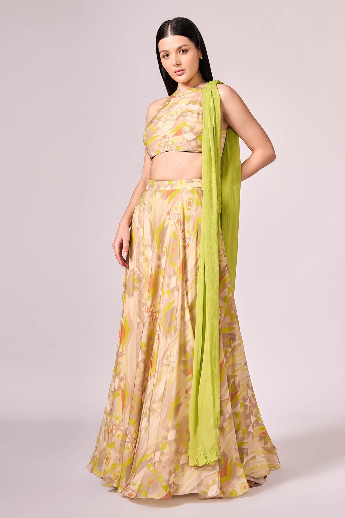 Lime Green Printed Lehenga Set