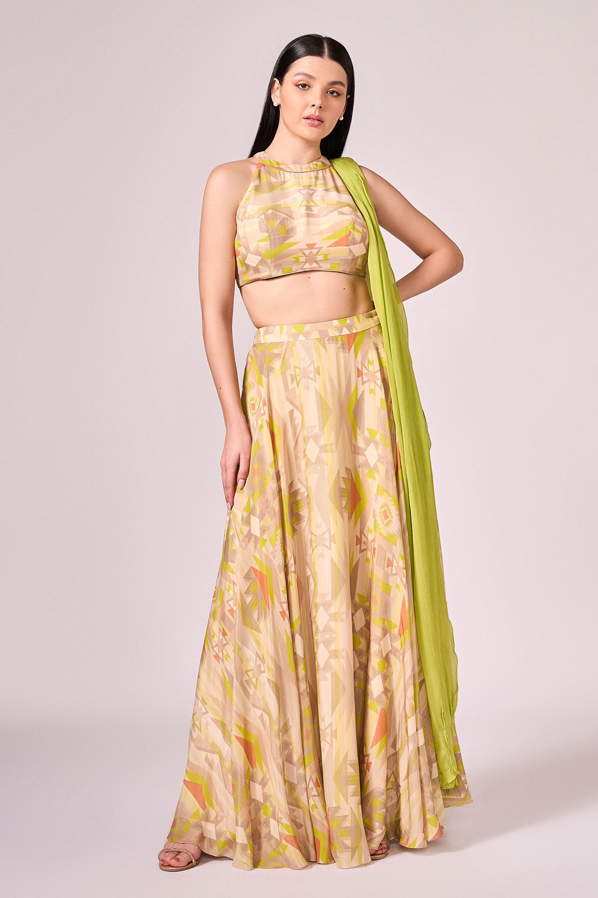 Lime Green Printed Lehenga Set