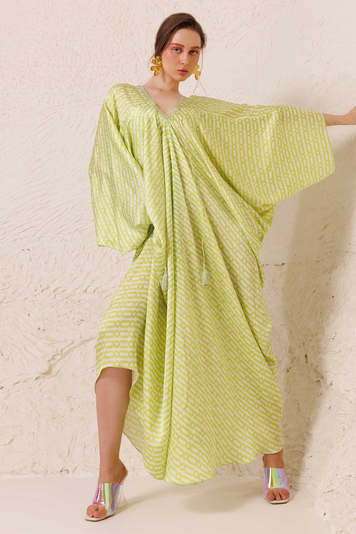 Buy Designer Lime Green Printed Long Kaftan online