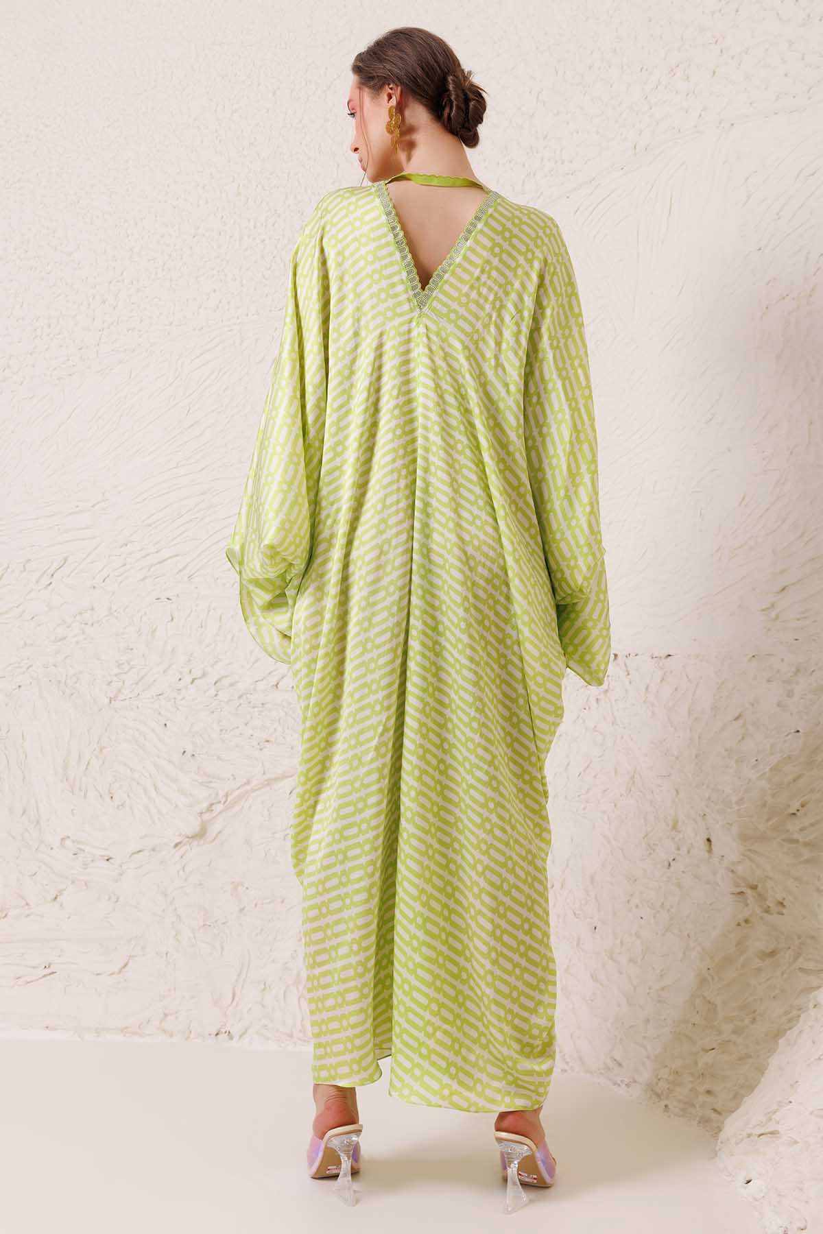 Lime Green Printed Long Kaftan
