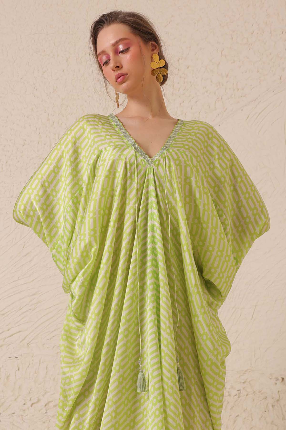 Lime Green Printed Long Kaftan