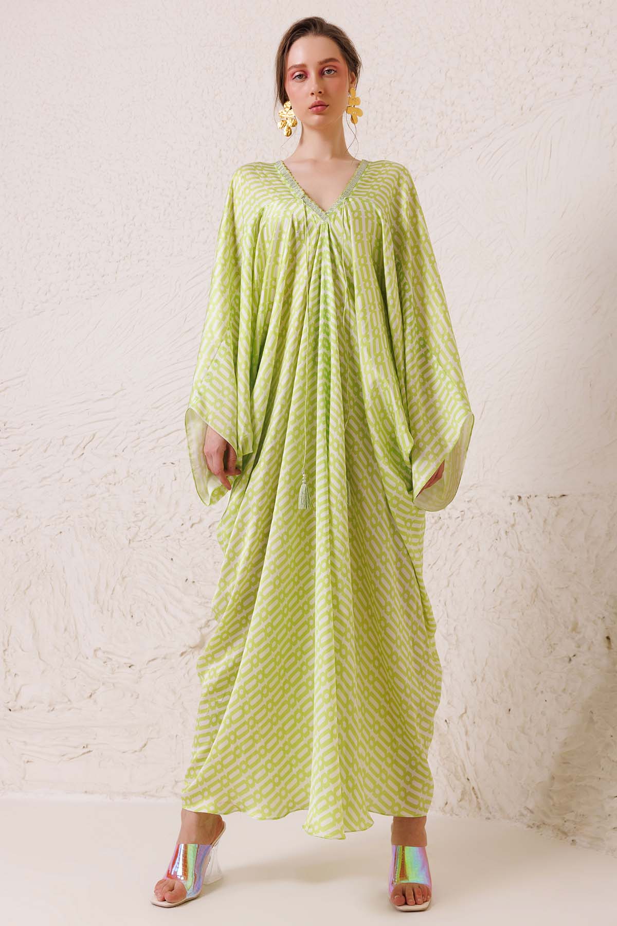 Chhaya Mehrotra Lime Green Printed Long Kaftan for women online at ScrollnShops