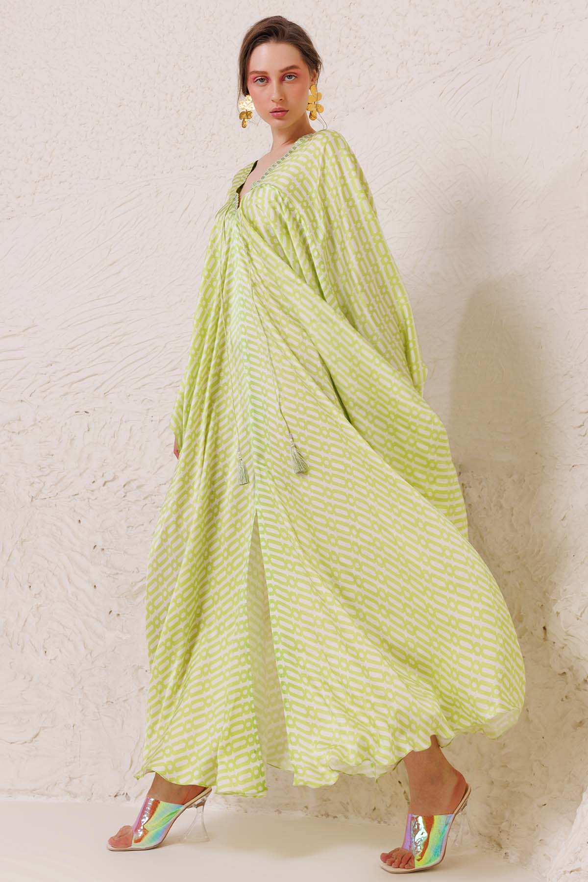 Lime Green Printed Long Kaftan