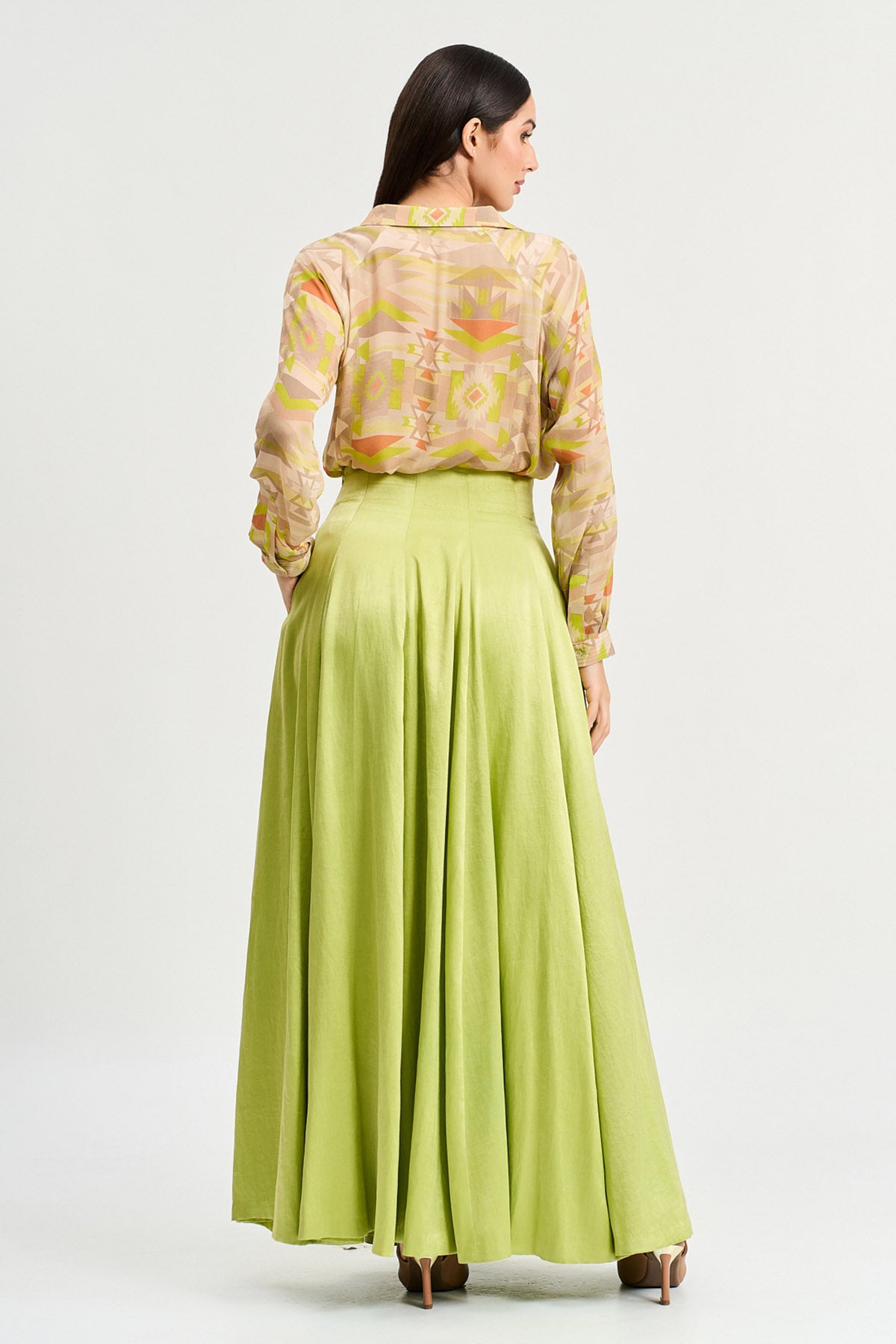 Lime Green Printed Shirt & Skirt