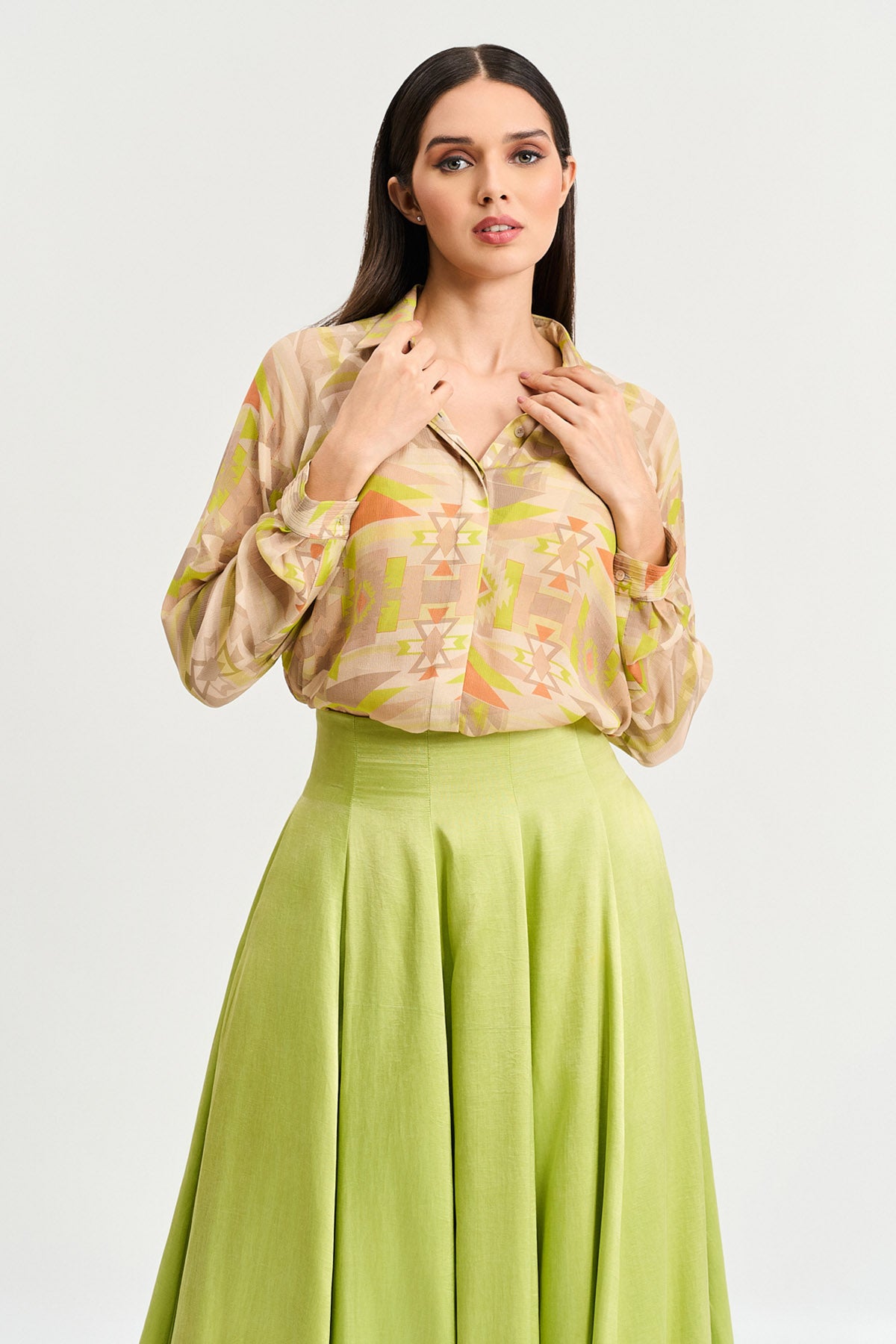 Lime Green Printed Shirt & Skirt