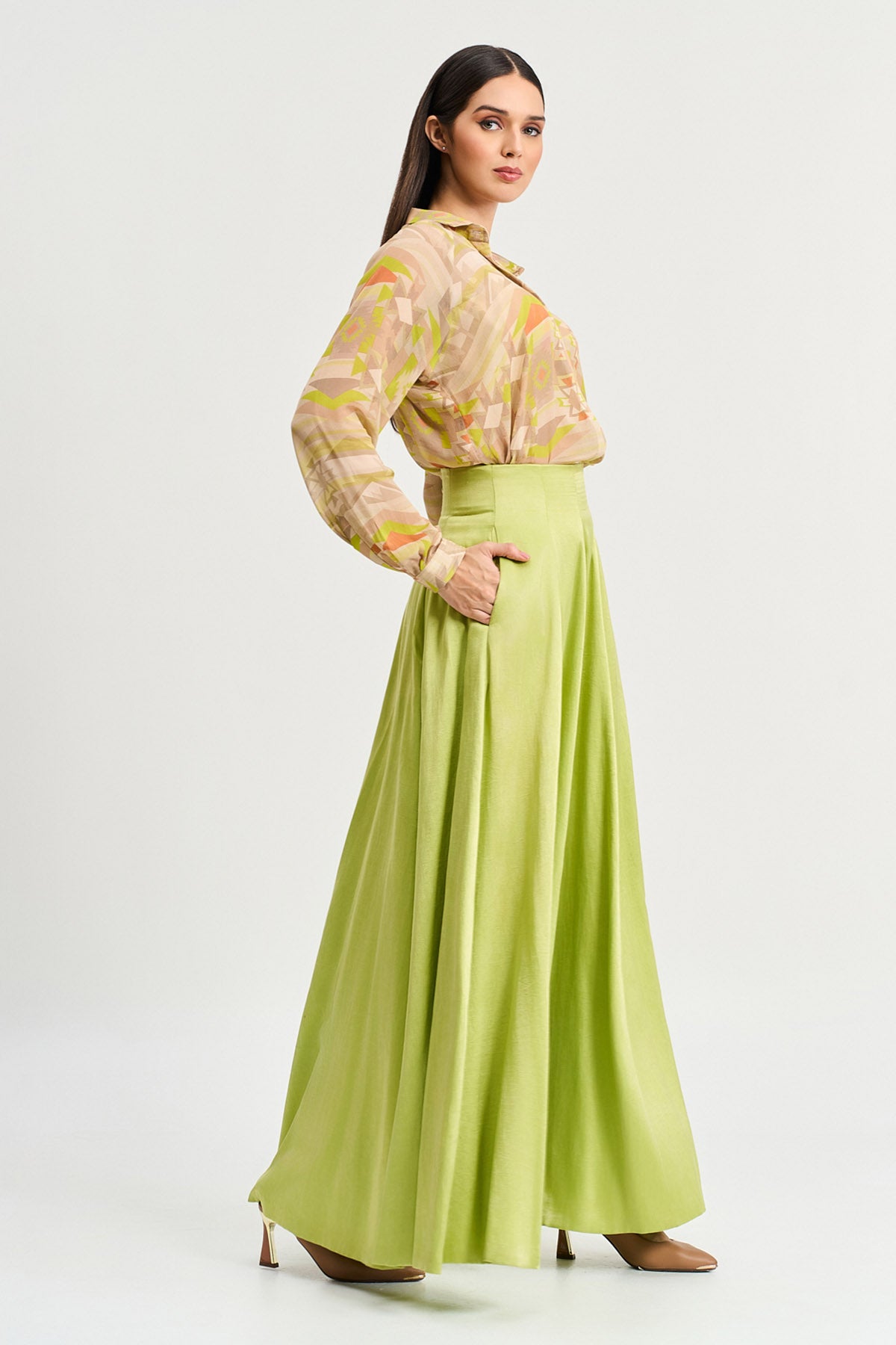 Lime Green Printed Shirt & Skirt