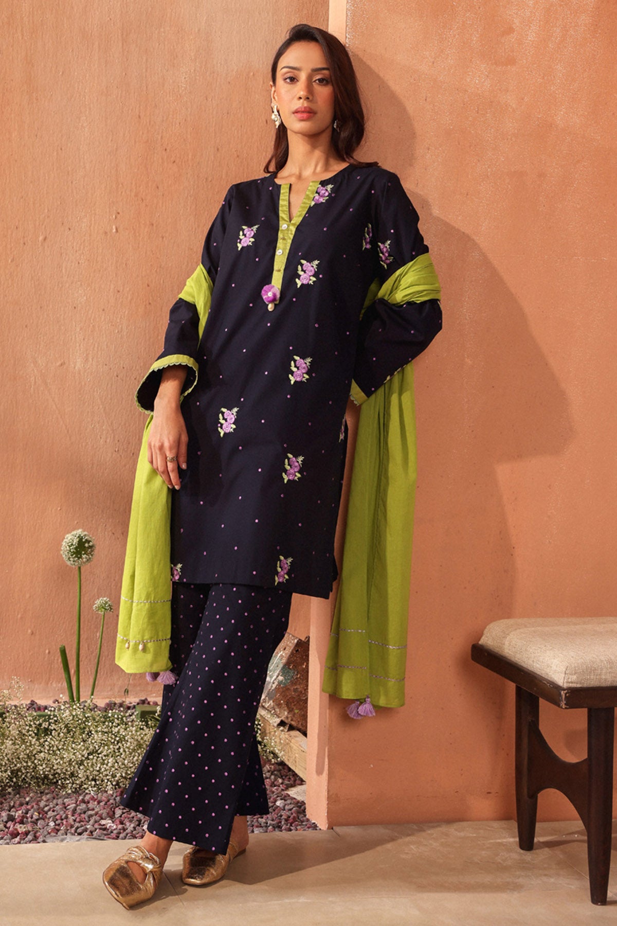 Lime Green Thread Work Dupatta