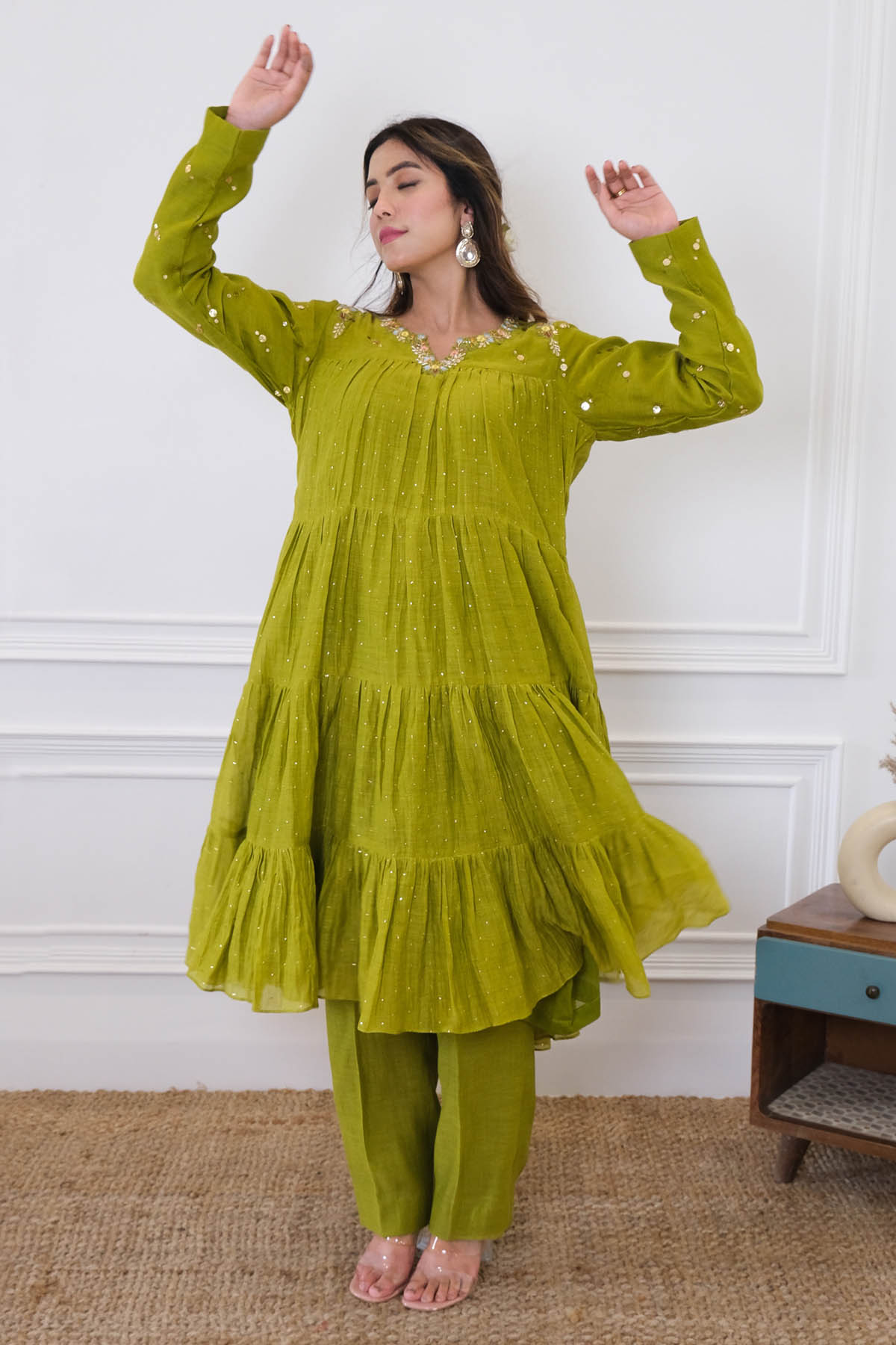 Label Pavneet Lime Green Tiered Kurta & Pants for women online at ScrollnShops