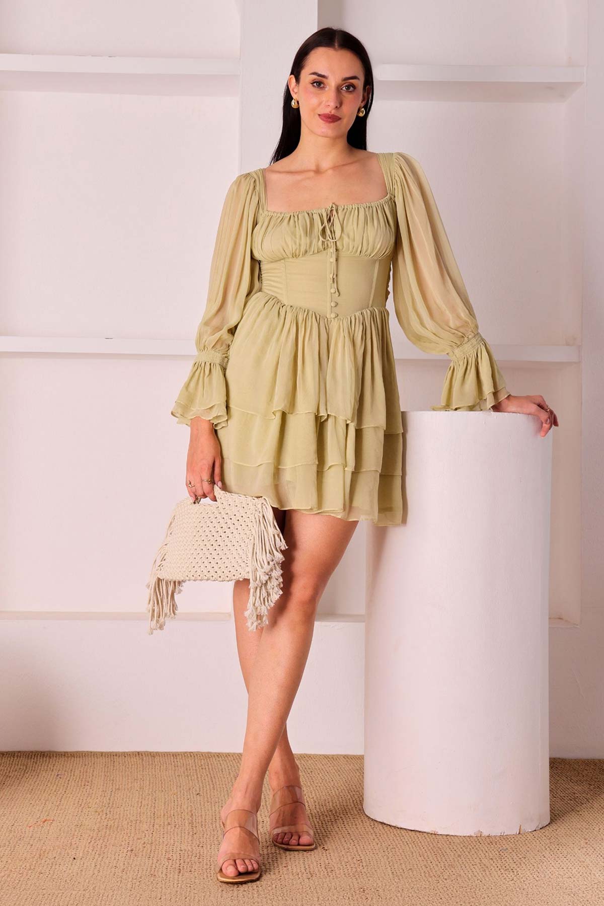 Buy Lime Green Tiered Skirt Dress for women by Seoraa online available at scrollnshops