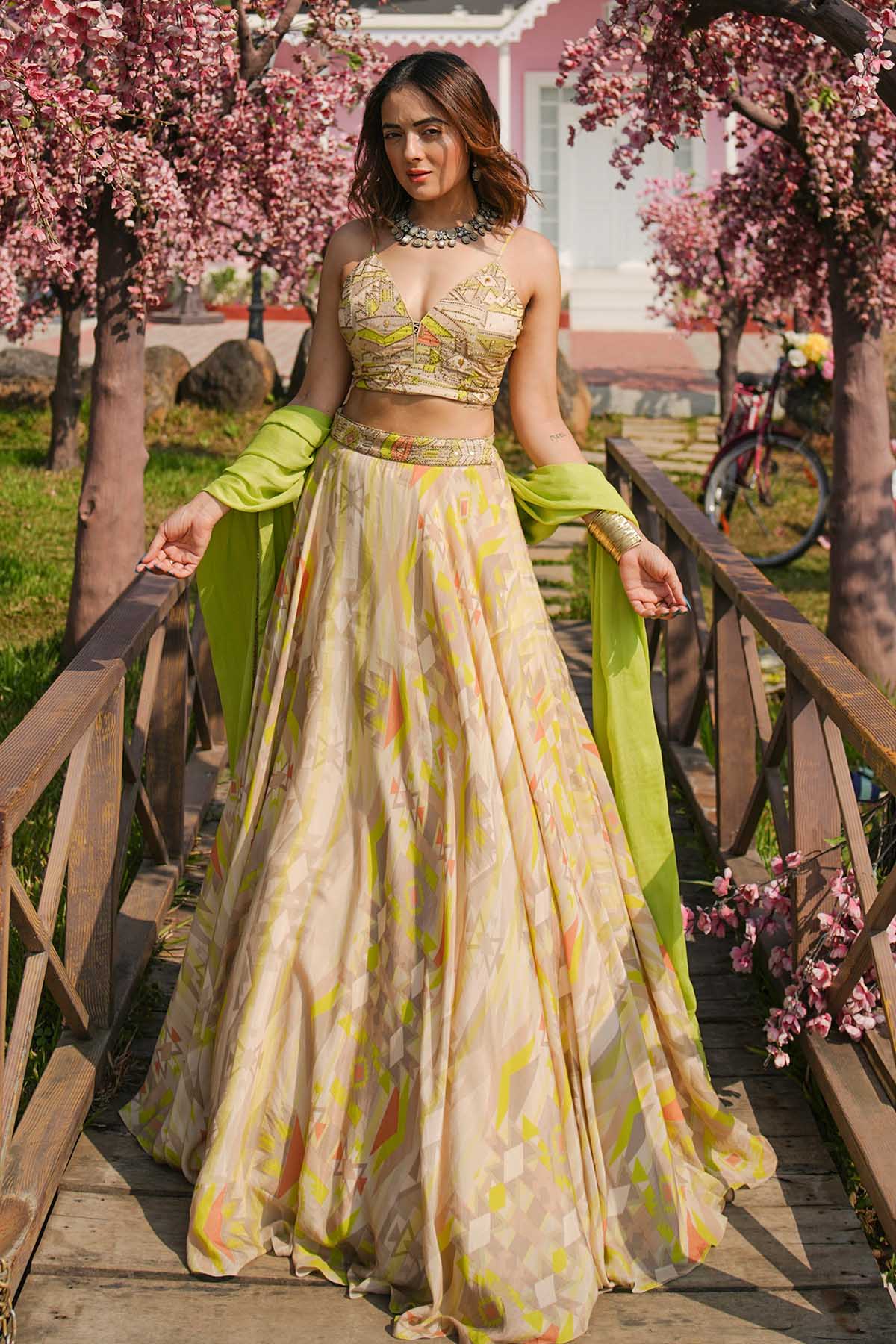 Buy Lime Green Viscose Lehenga Set by Koswi for women online at ScrollnShops