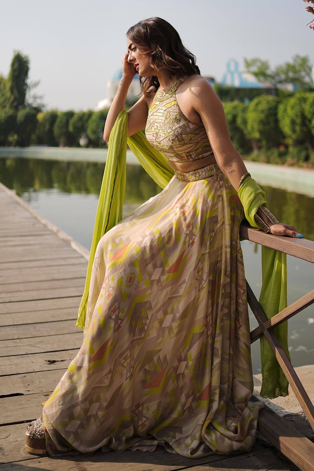Lime Halter Neck Lehenga Set