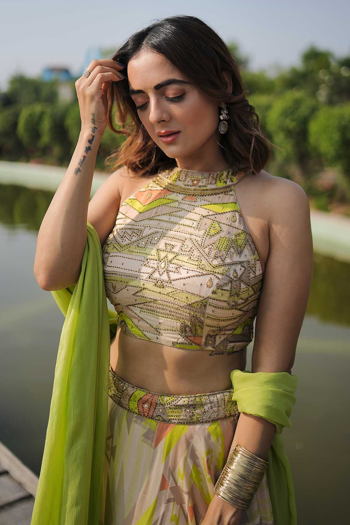 Lime Halter Neck Lehenga Set