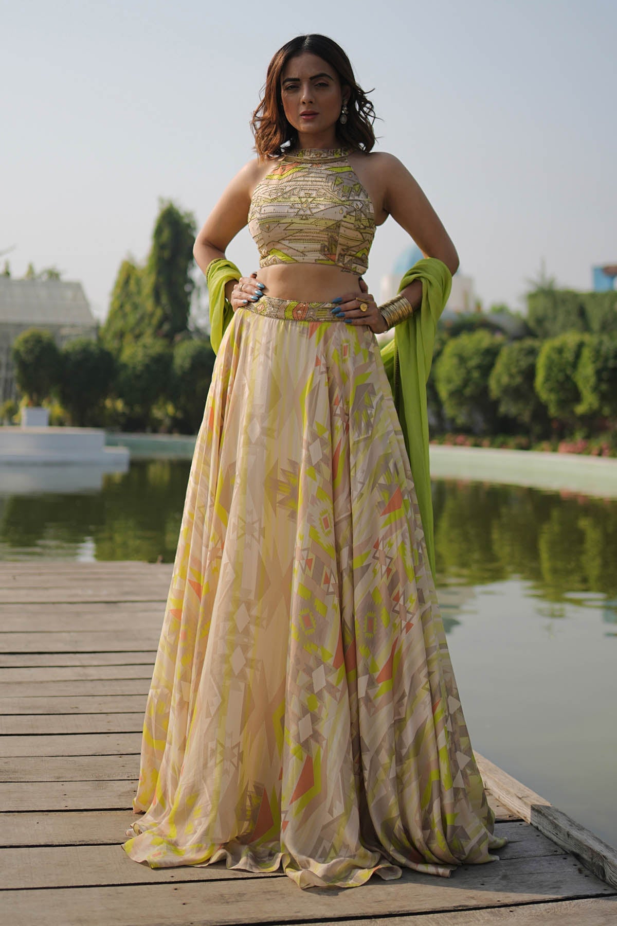 Buy Lime Halter Neck Lehenga Set by Koswi for women online at ScrollnShops