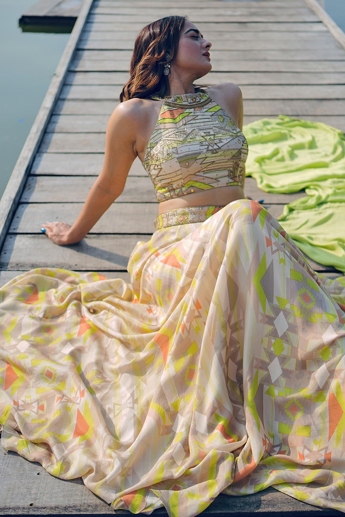 Lime Halter Neck Lehenga Set