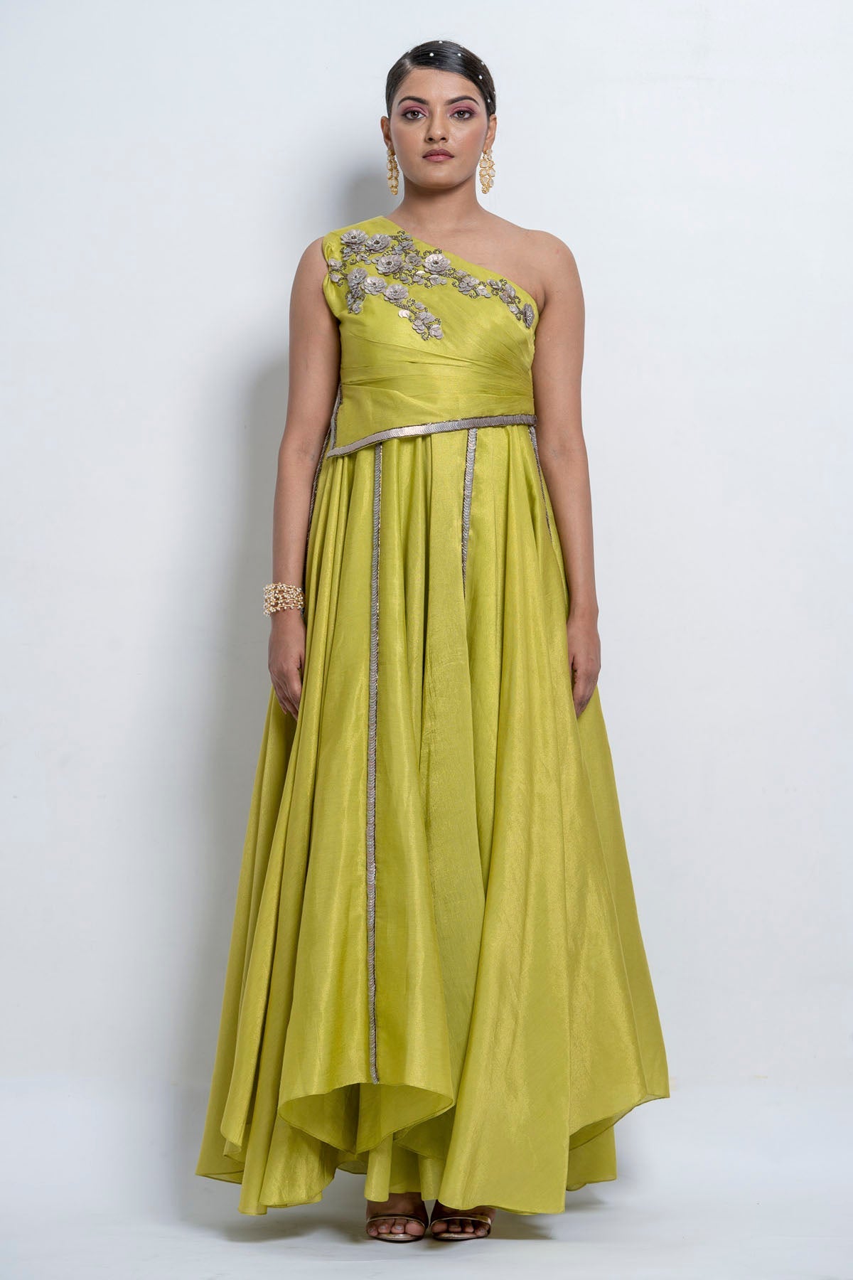 Buy Lime One Shoulder Gown Online at ScrollnShops Buy Lime One Shoulder Gown Online at ScrollnShops