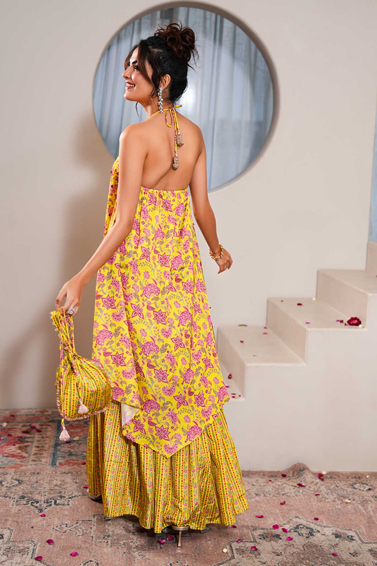 Lime Pearl Work Printed Potli