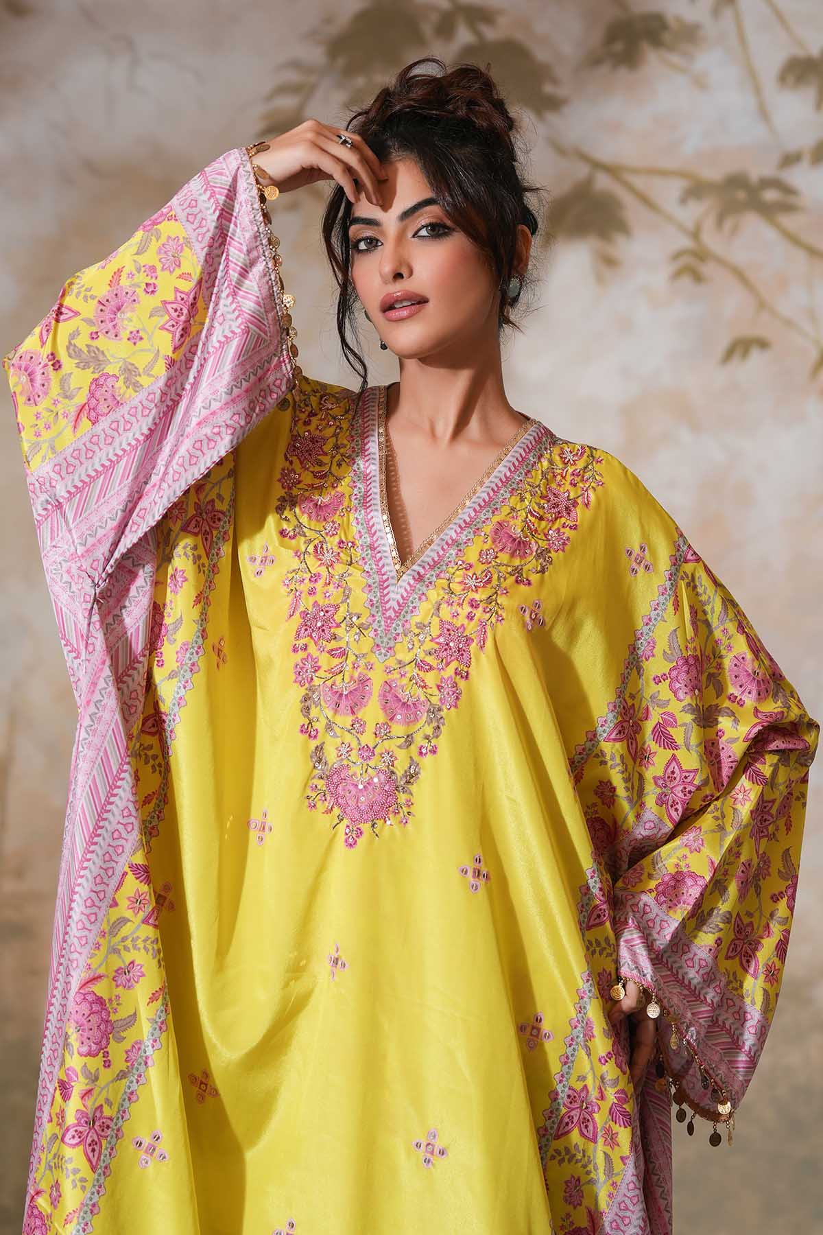 Lime Printed Embroidered Kaftan