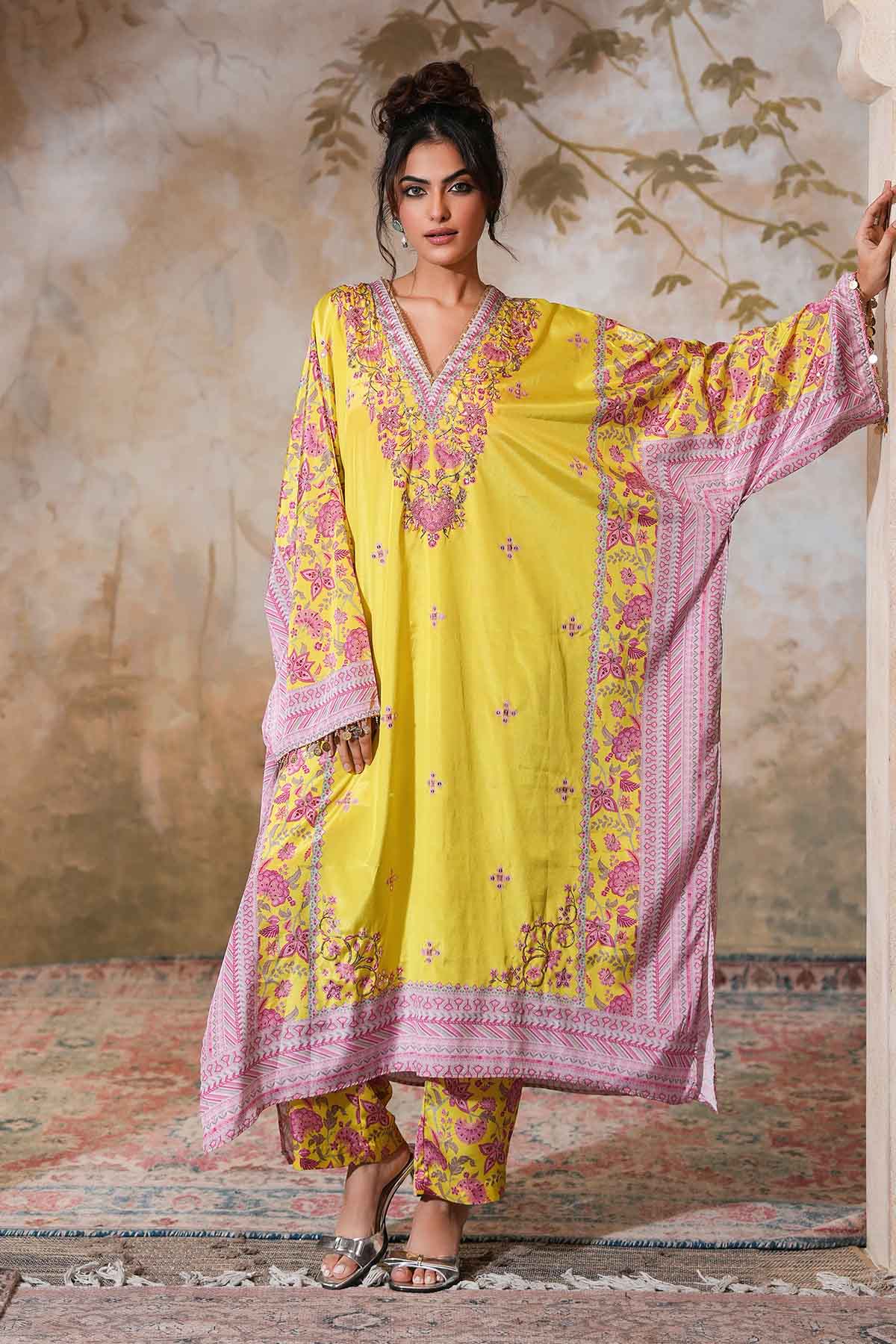 Buy Lime Printed Embroidered Kaftan by Ugna by Unnati for women online at ScrollnShops