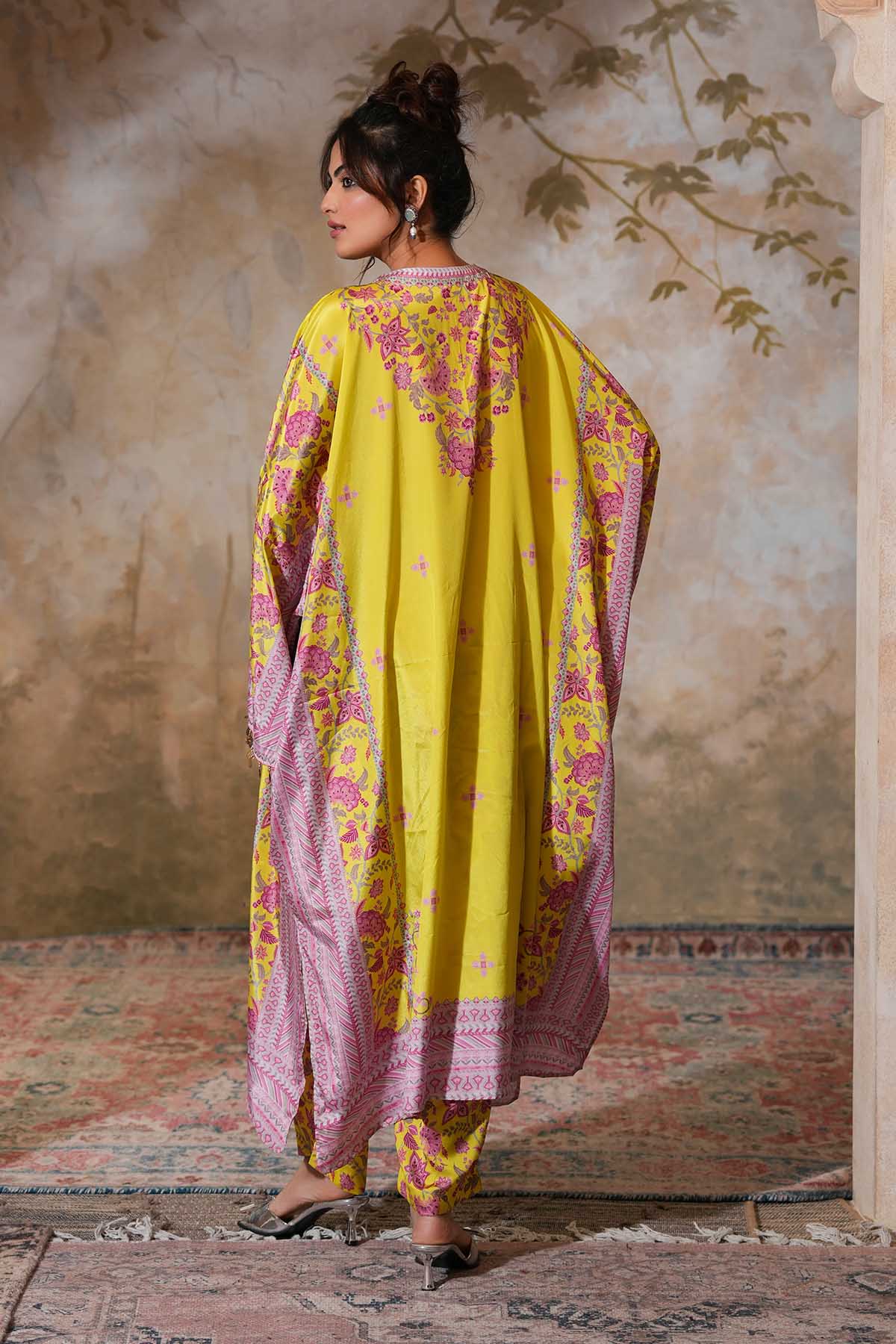Lime Printed Embroidered Kaftan