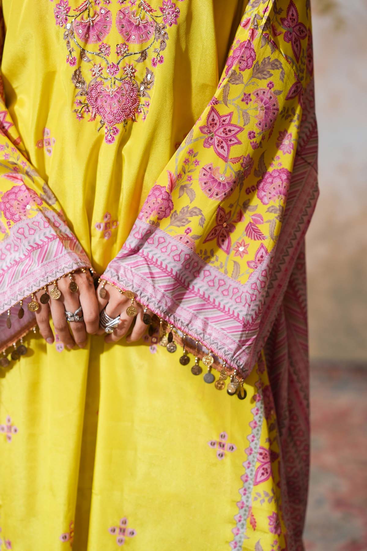 Lime Printed Embroidered Kaftan