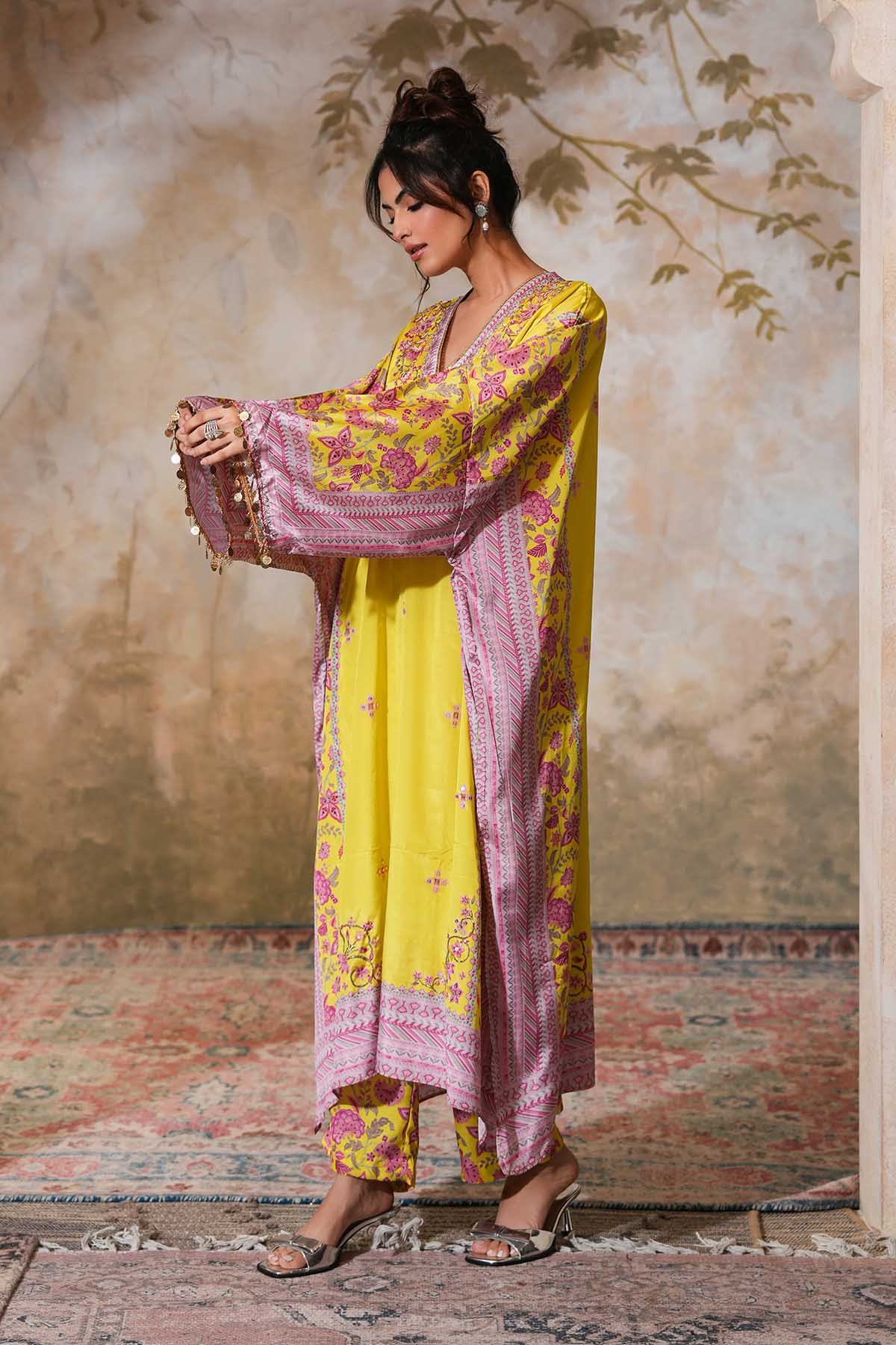Lime Printed Embroidered Kaftan