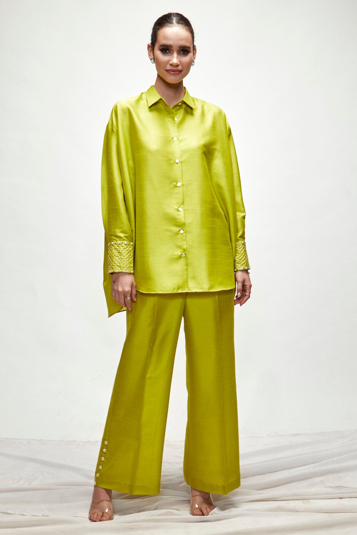 Designer Ranian Lime green silk blend relaxed co-ord set with straight pants and shirt with broad cuffs and pearls For Women Online at ScrollnShops