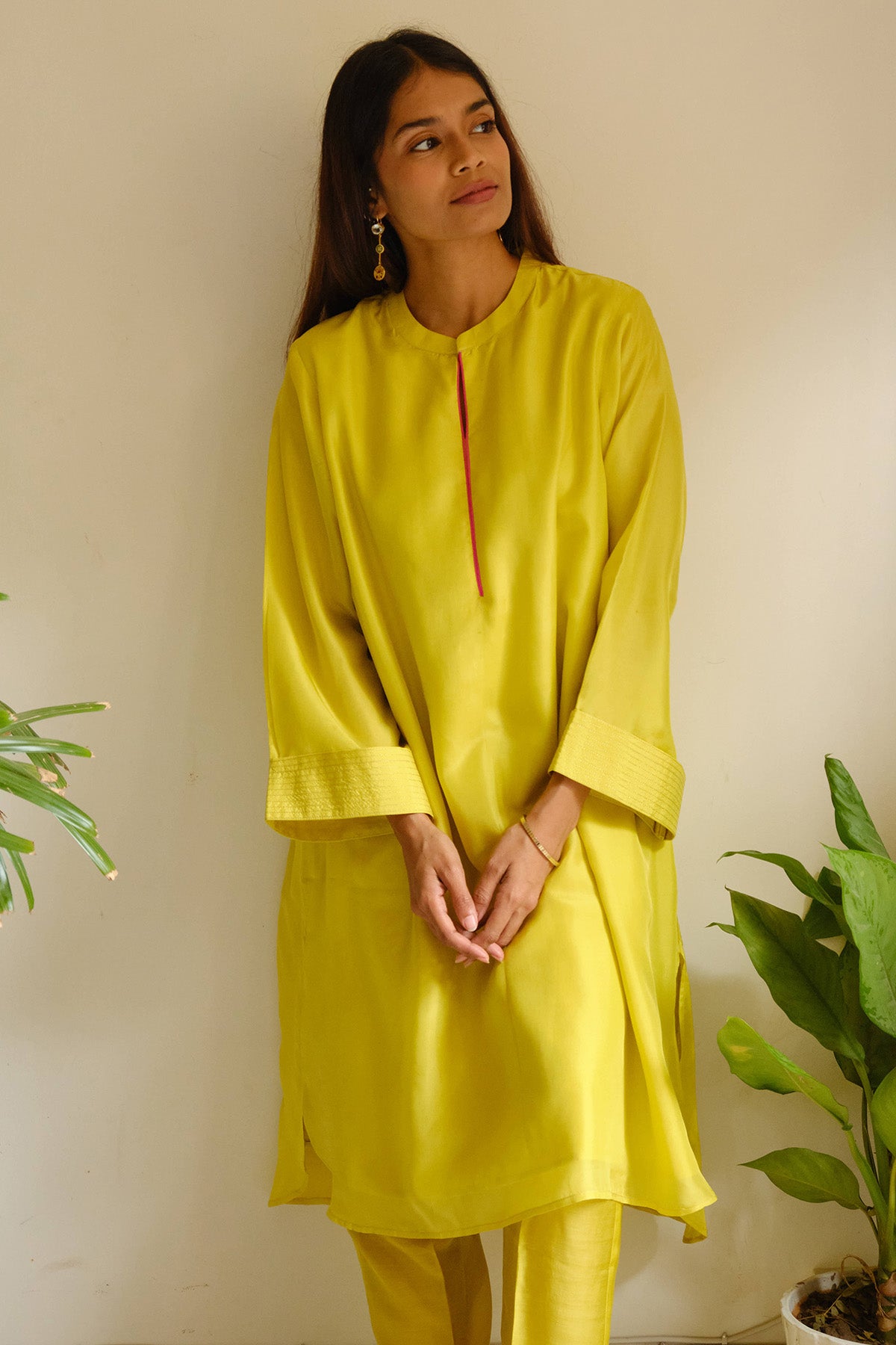 Lime Silk Zari Detail Kurta Set