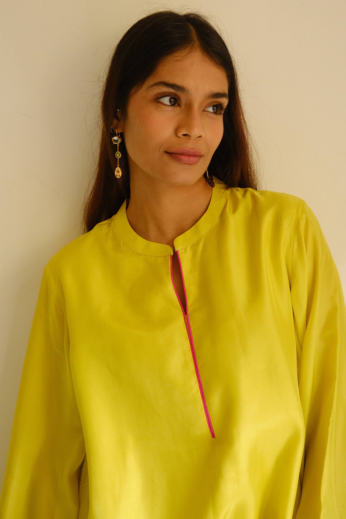 Lime Silk Zari Detail Kurta Set