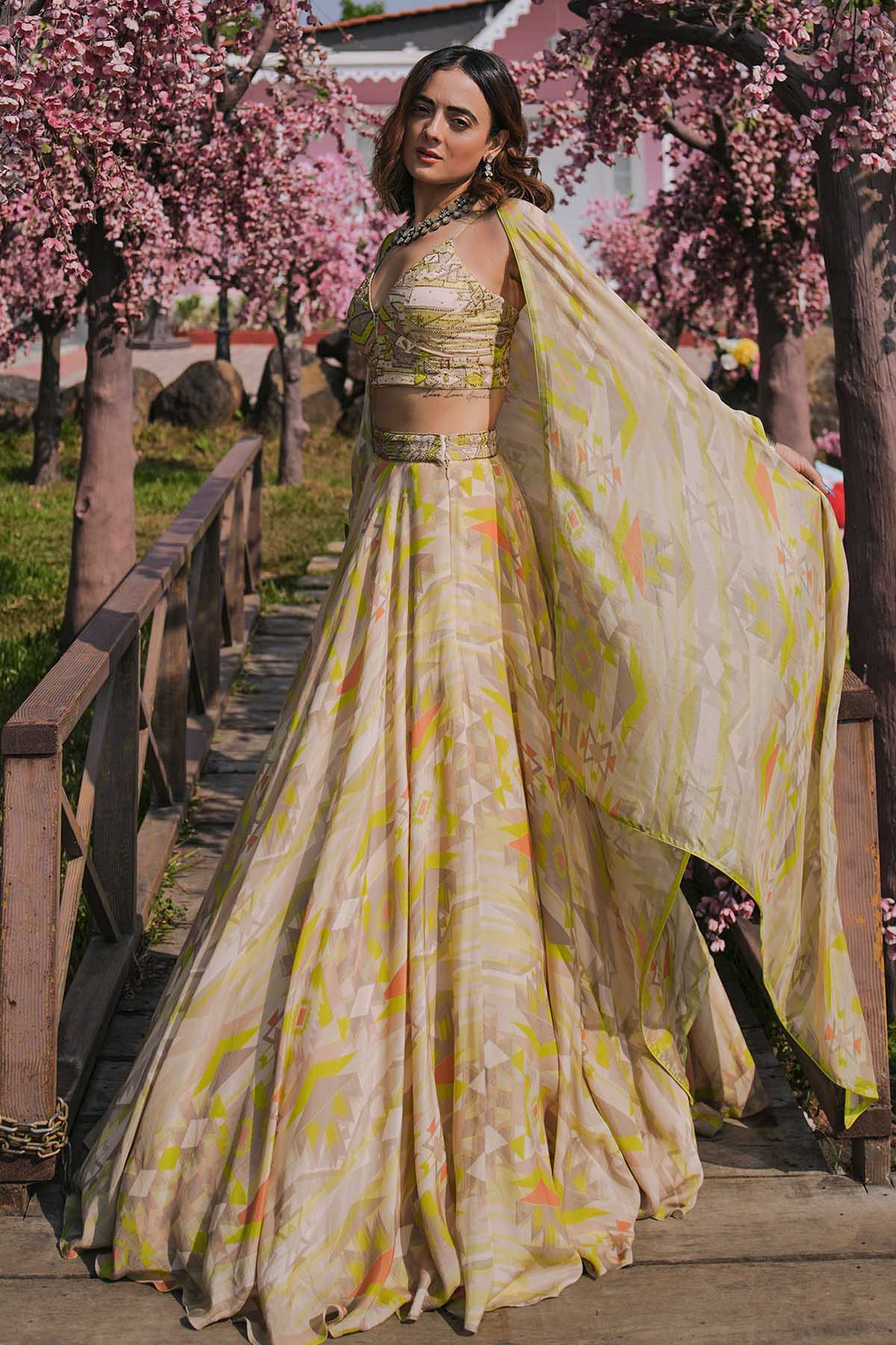 Lime Viscose Print Lehenga Set