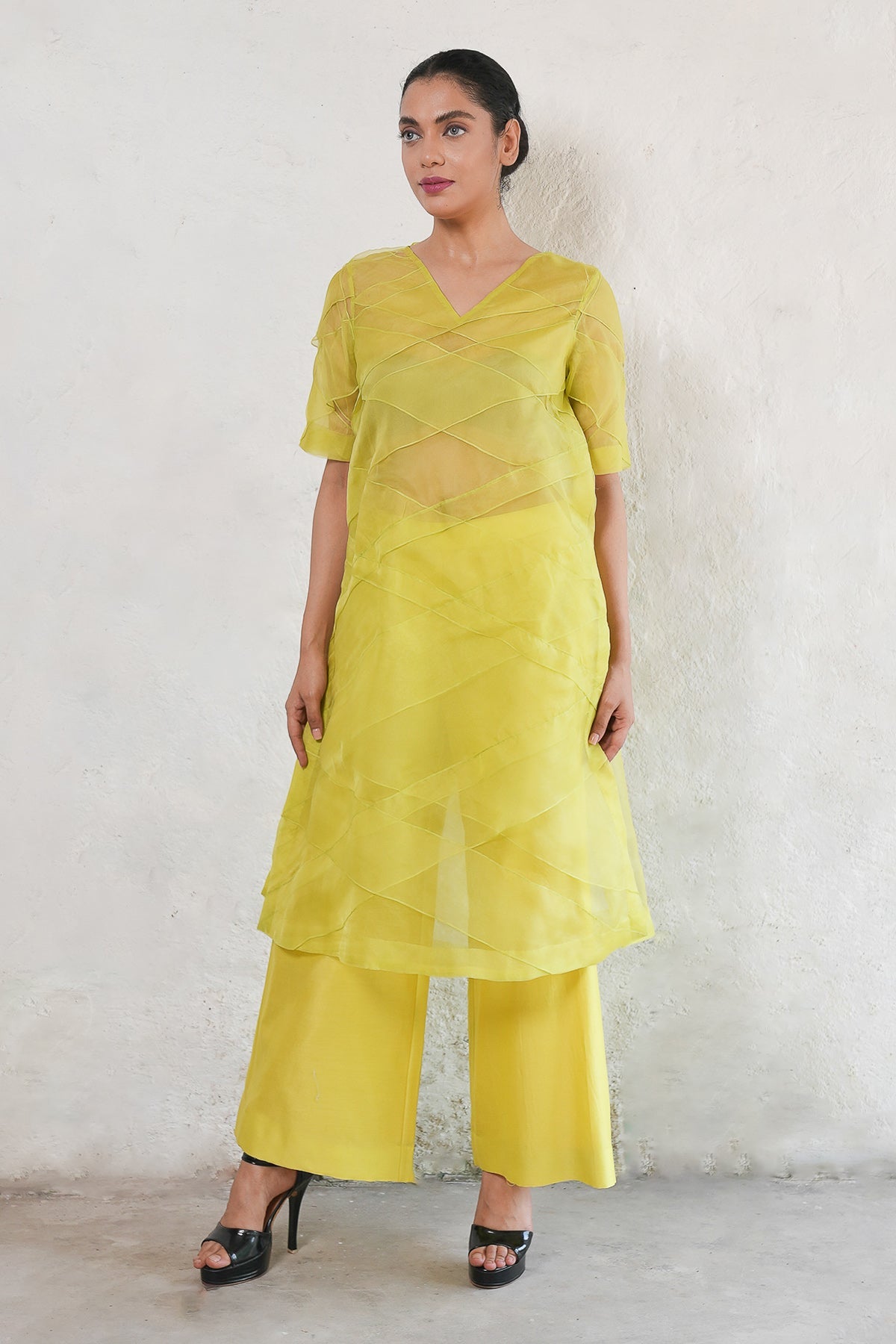 Buy Lime Yellow A-Line Kurta & Pants by Saksham Neharicka for women online at ScrollnShops