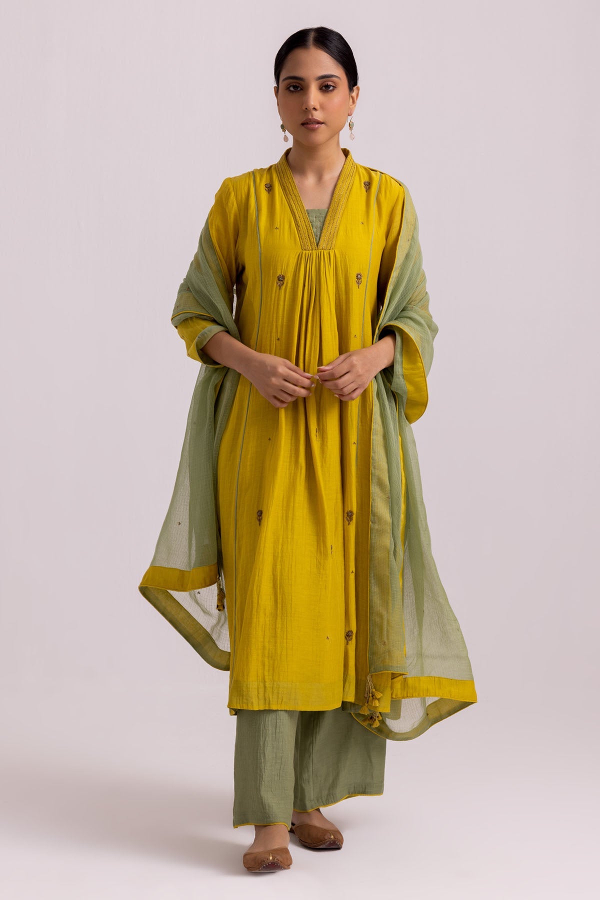 Buy Designer Lime Yellow Chanderi Kurta Set Online at ScrollnShops