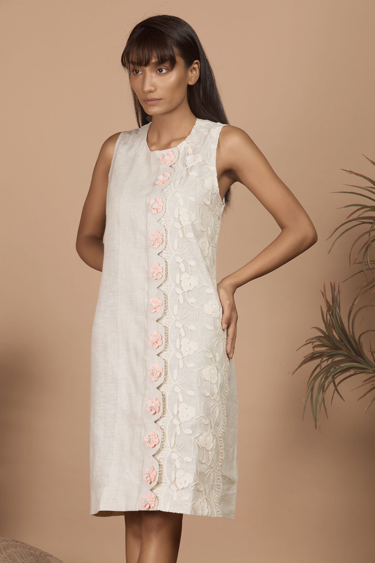 Linen Beige Scallop Lace Dress