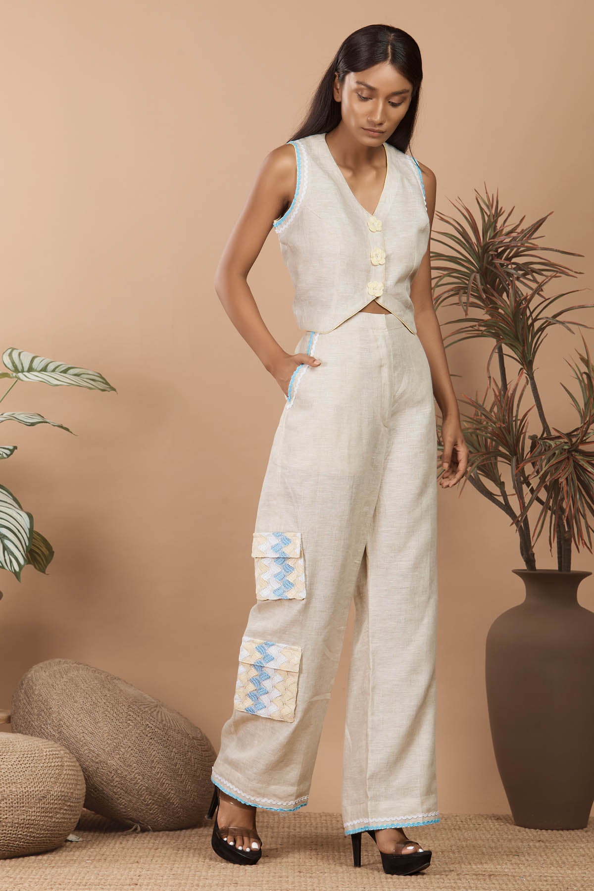 Linen Cream Top & Cargo Pants