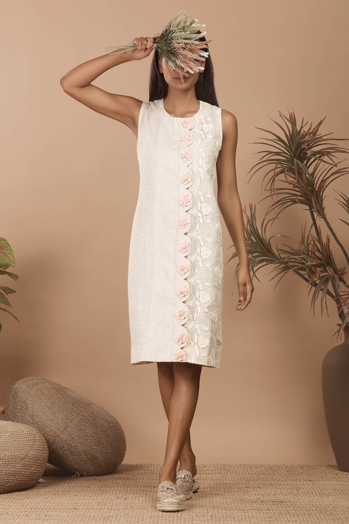 Buy Niyami Scallop Lace Linen Dress: Beige at scrollnshops