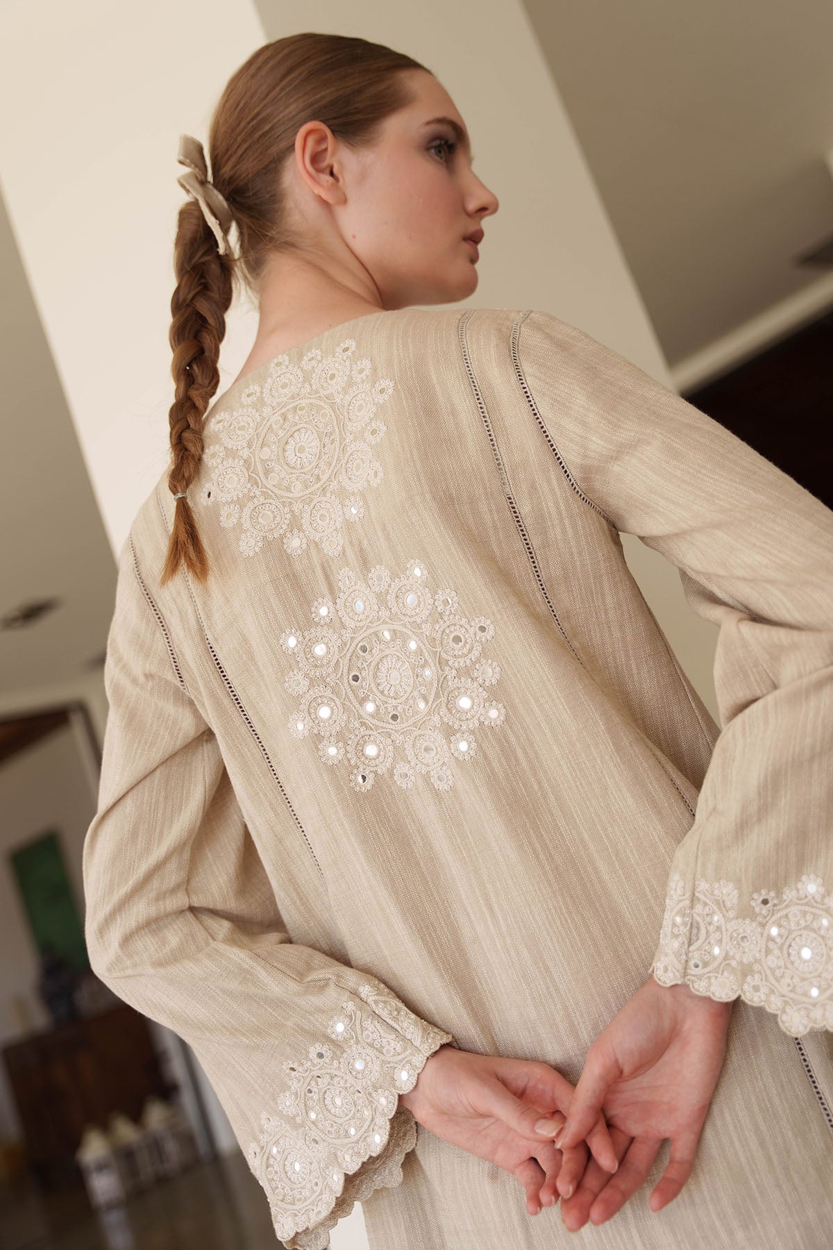 Linen Embroidered Beige Dress