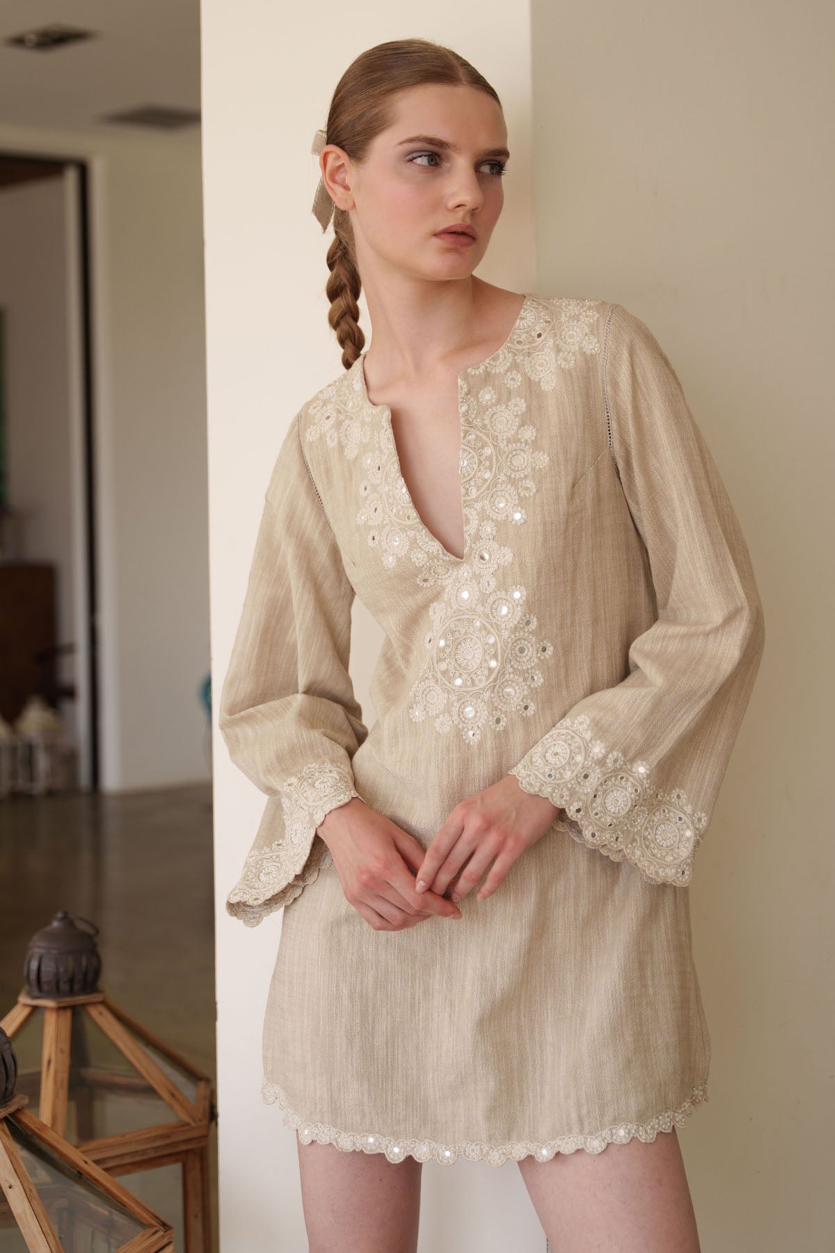 Linen Embroidered Beige Dress