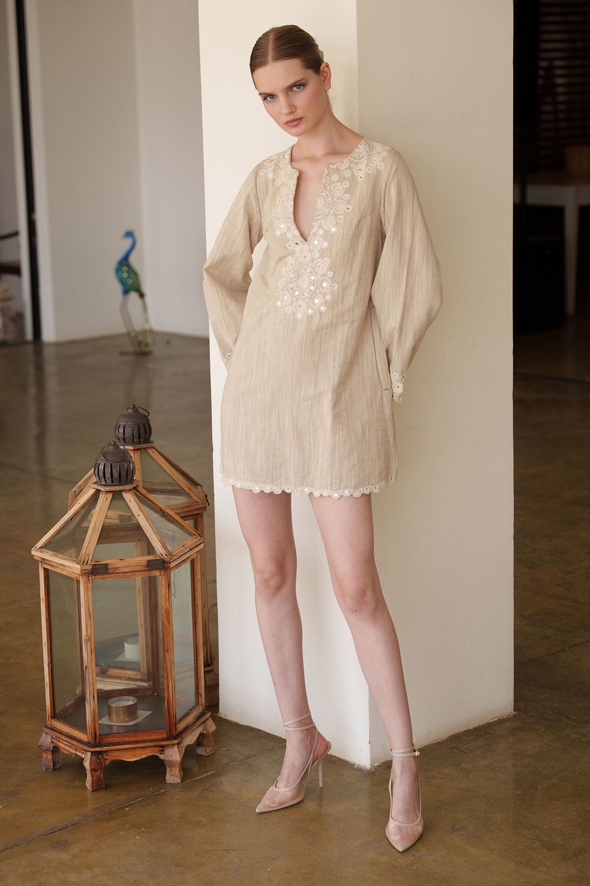 Linen Embroidered Beige Dress