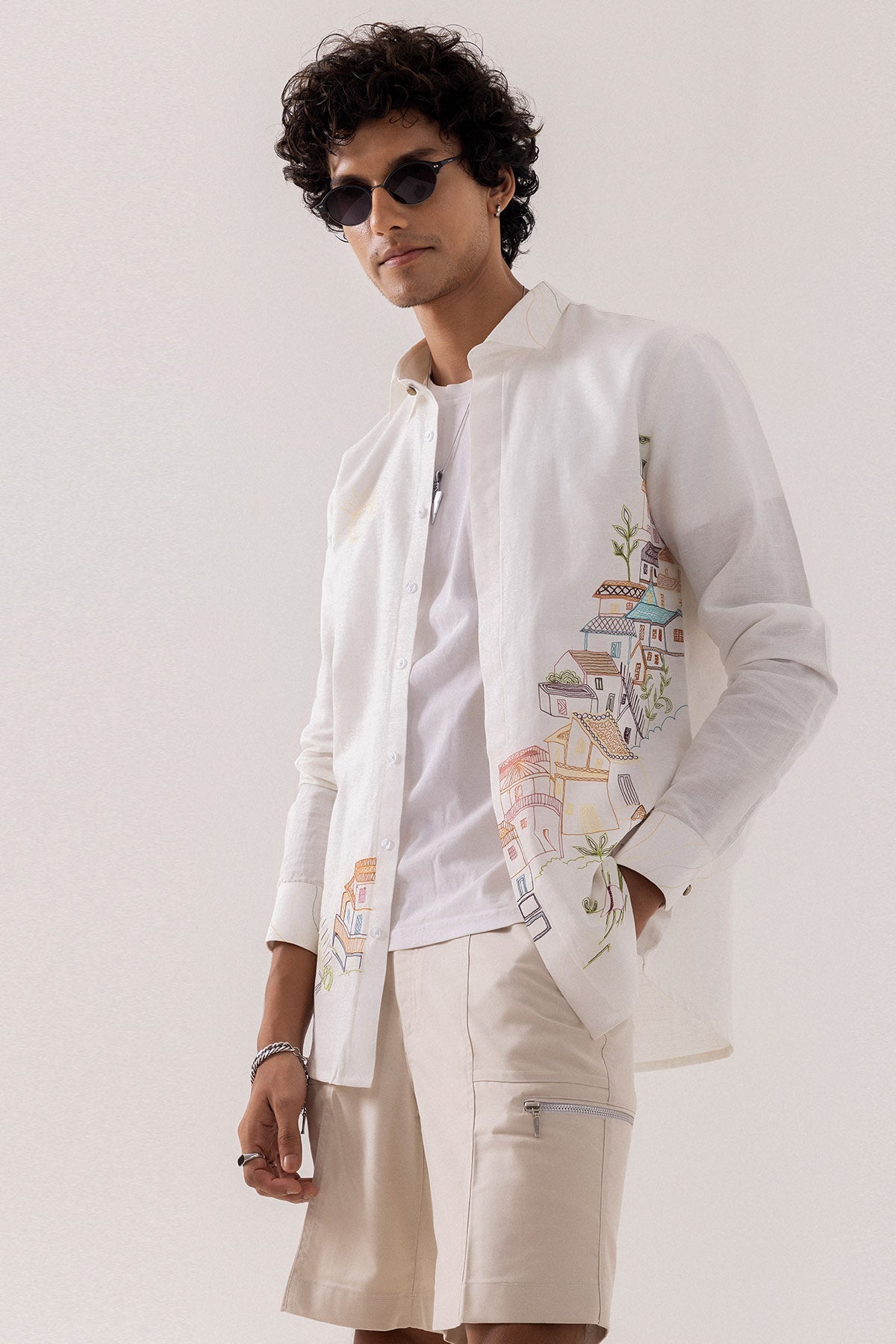 Buy Linen Embroidered Ivory Shirt for men by Paarsh Atelier online available at scrollnshops
