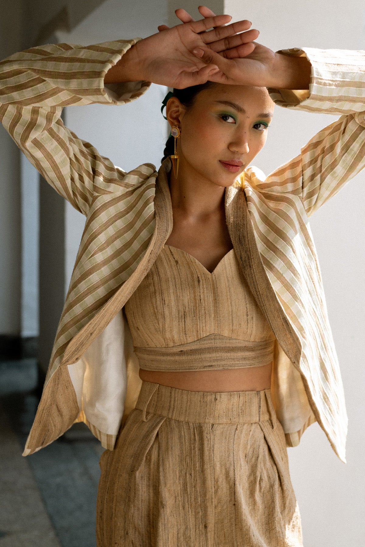 Linen Silk Checkered Jacket Set