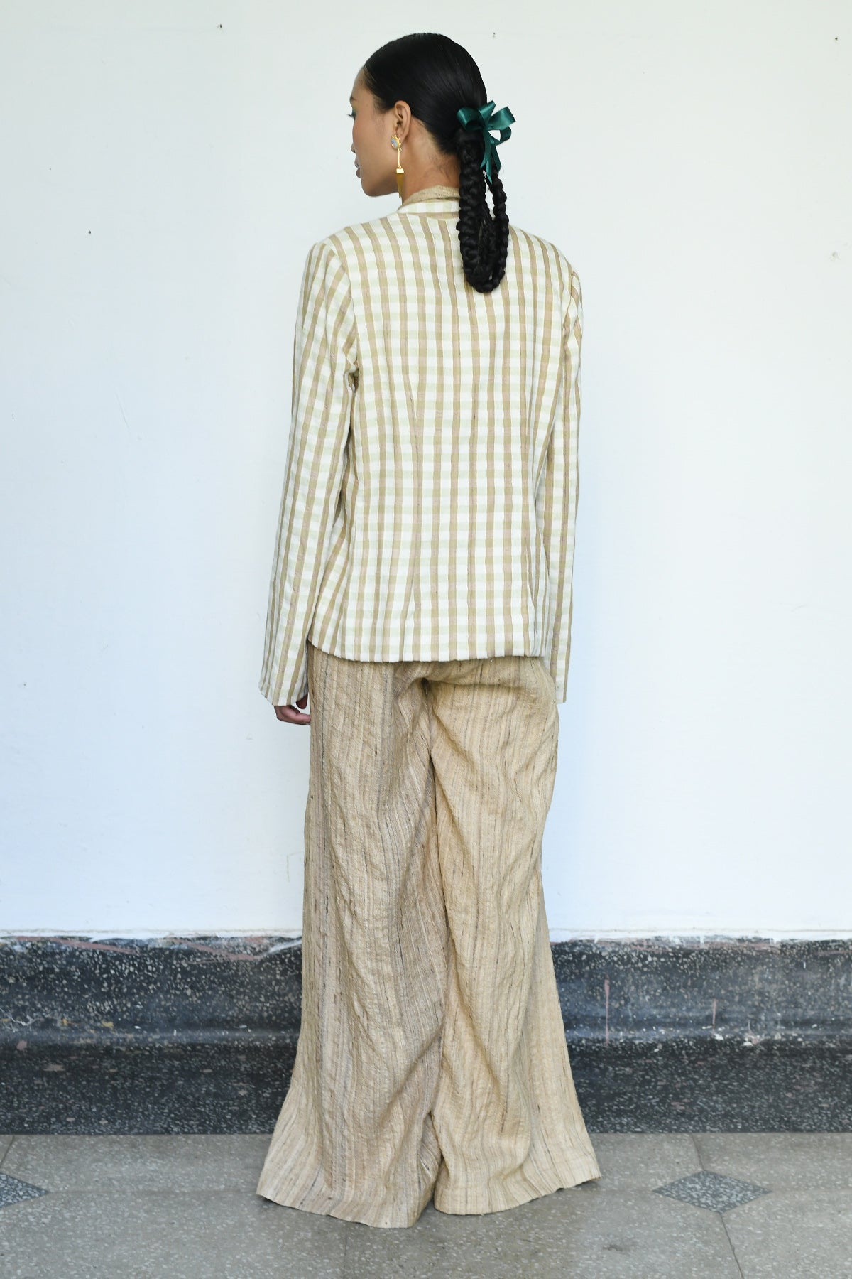 Linen Silk Checkered Jacket Set