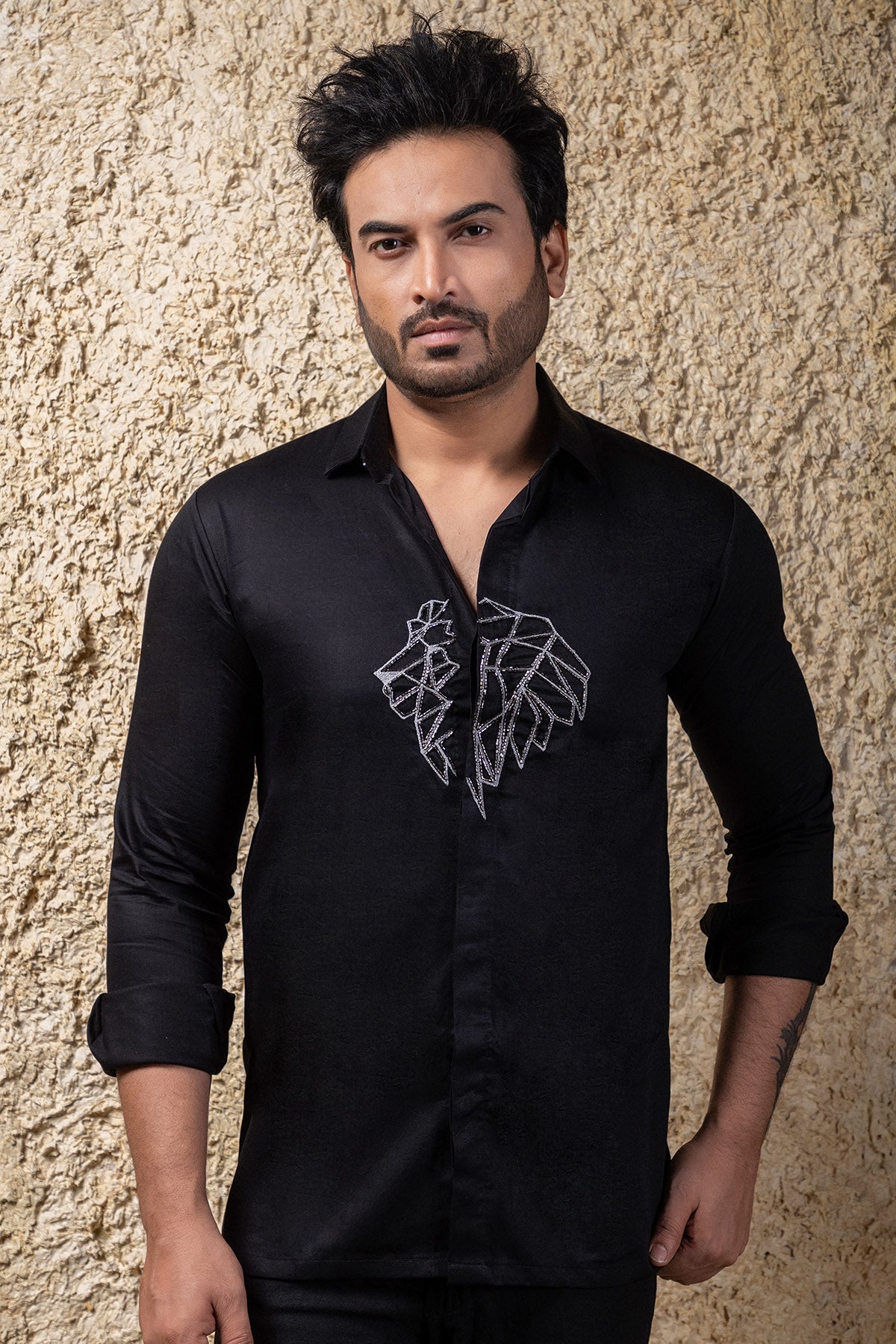 Buy Lion Embroidered Black Shirt by Priyanka Haralalka for men online at ScrollnShops