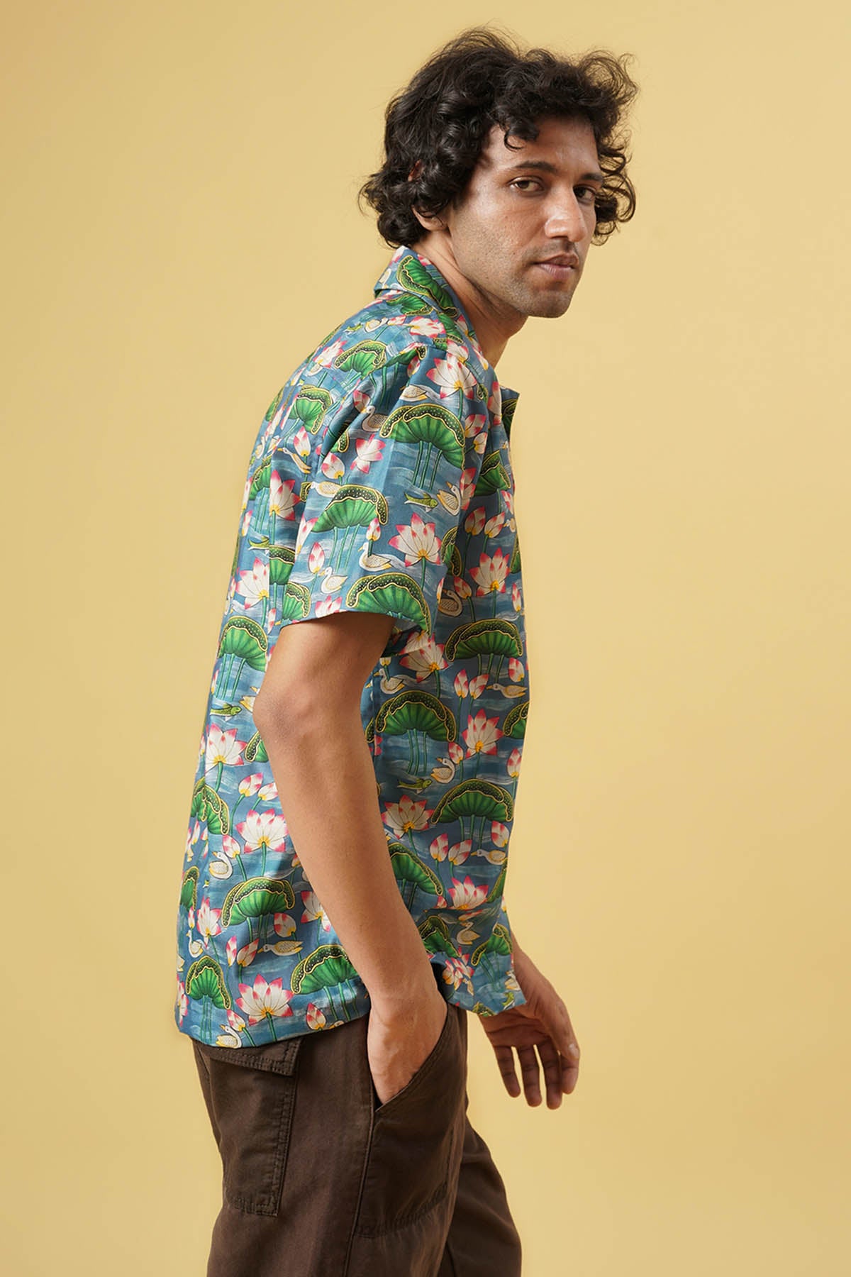 Lotus Print Embroidered Shirt