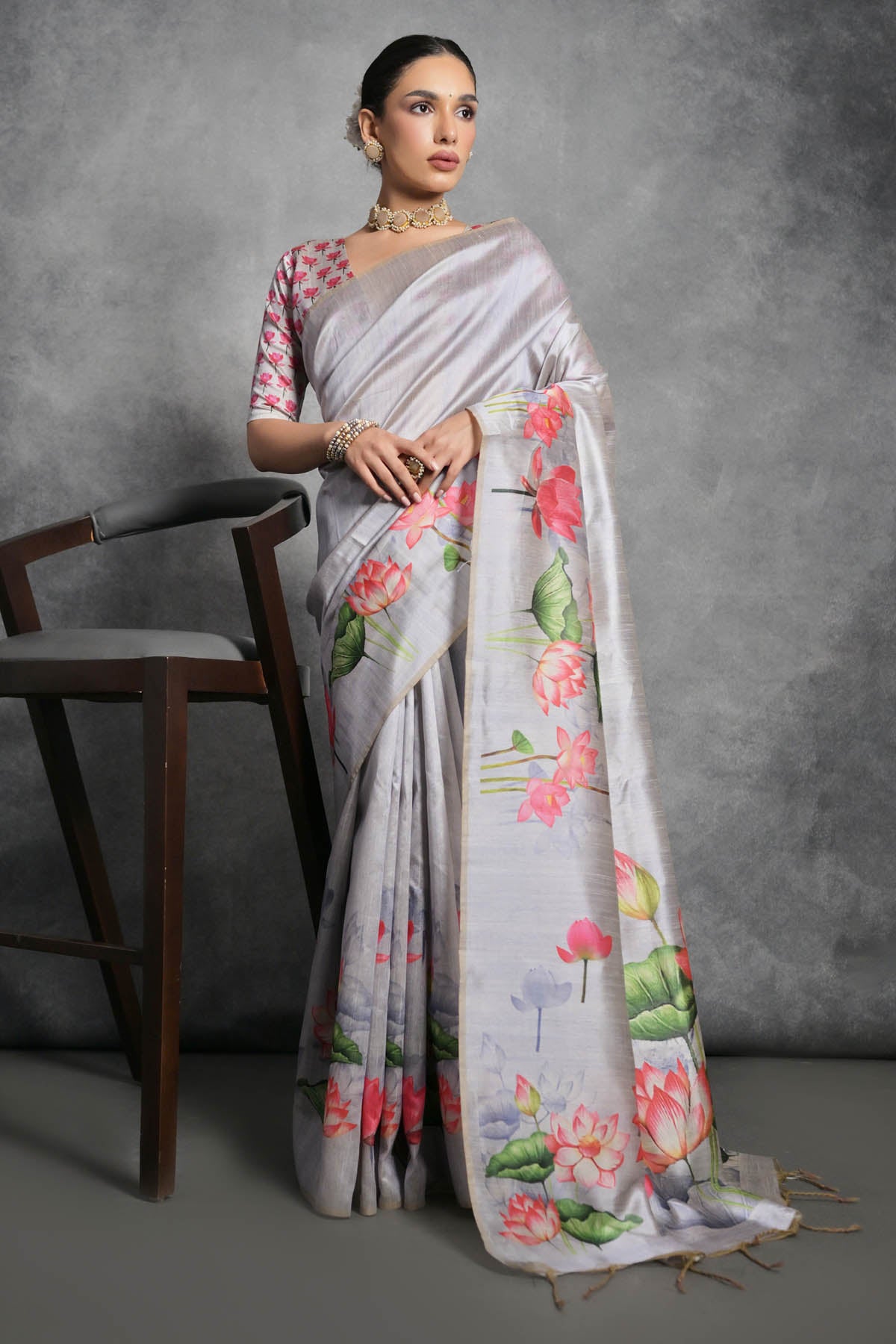 Lotus Print Tussar Silk Saree