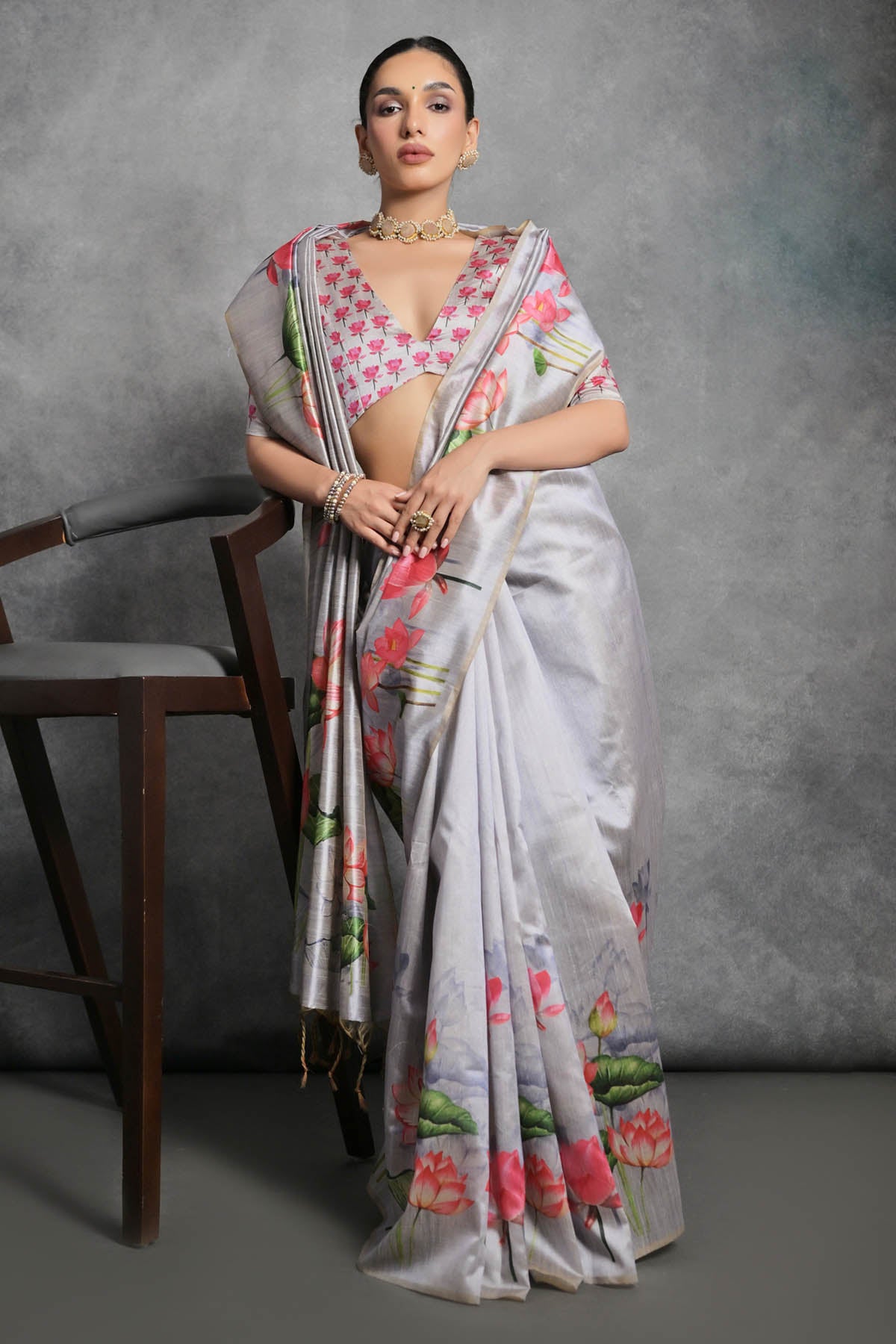 Lotus Print Tussar Silk Saree