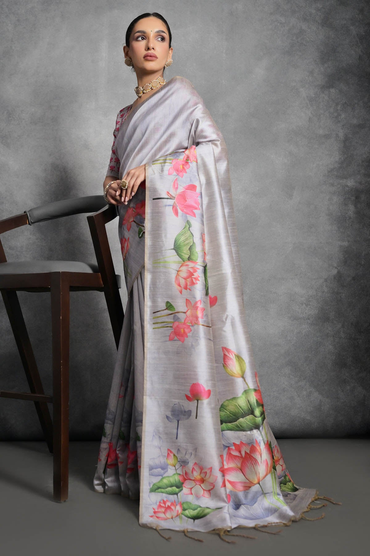 Lotus Print Tussar Silk Saree